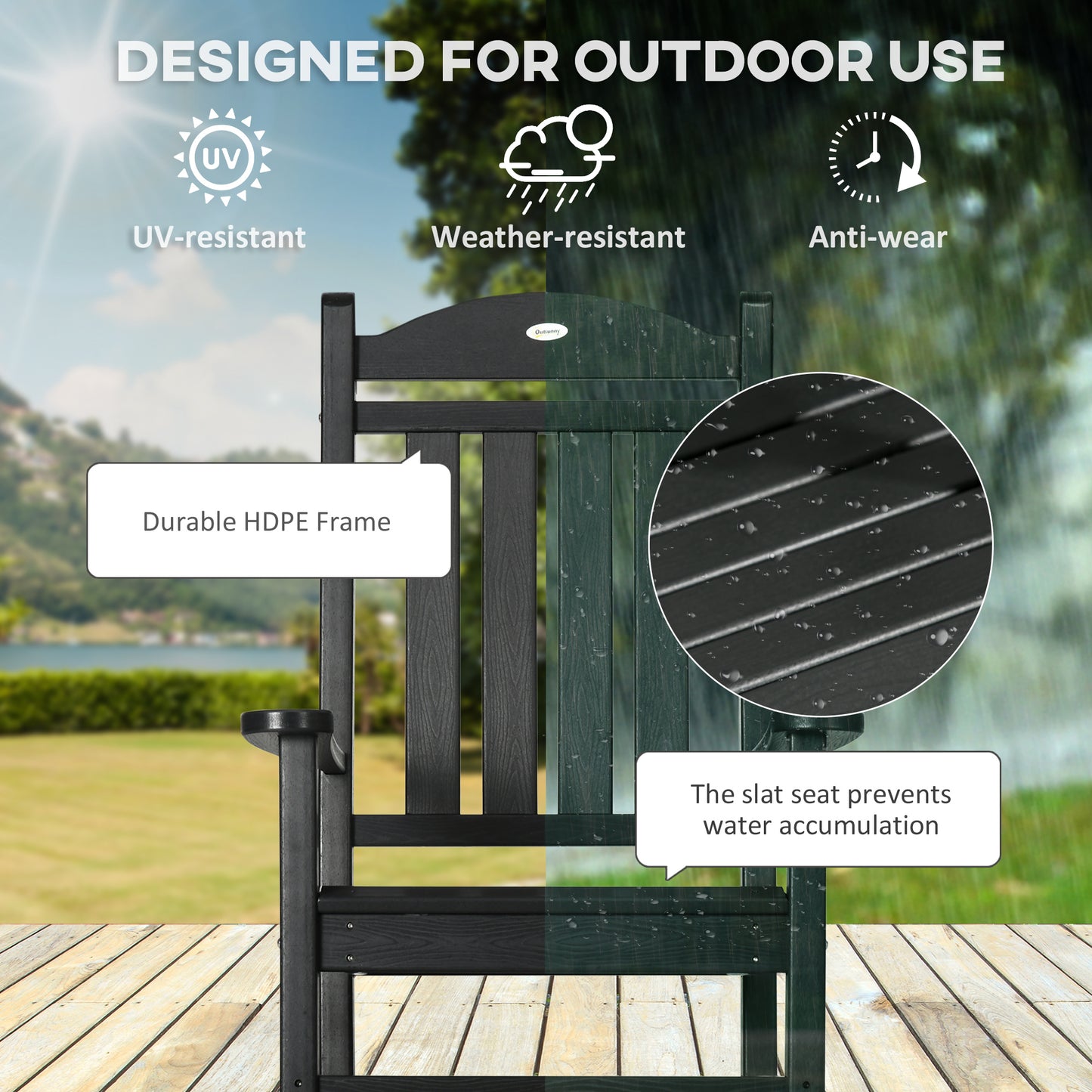 Outdoor Rocking Chair Set with Armrests - Waterproof HDPE, Black