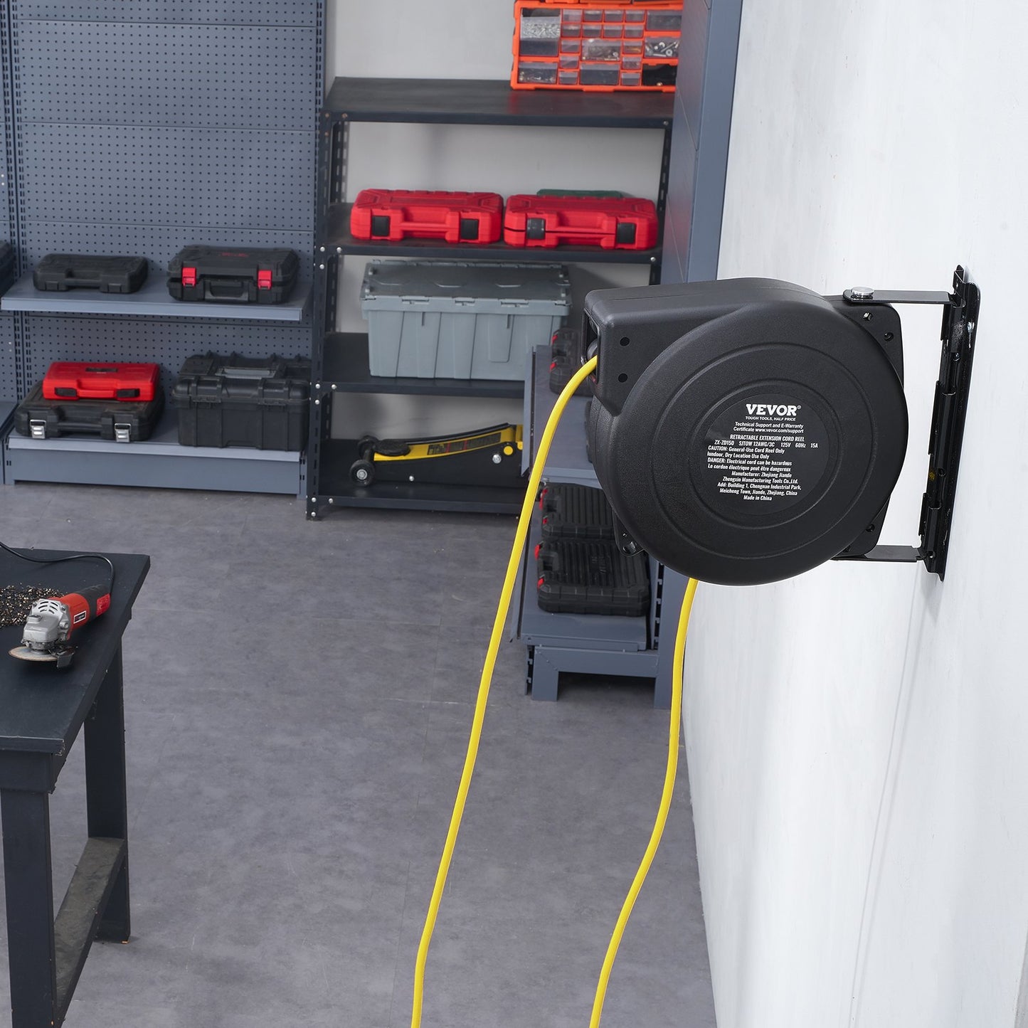 45FT Heavy Duty Retractable Extension Cord Reel with Lighted 3-Outlet Socket - Water & Oil Resistant