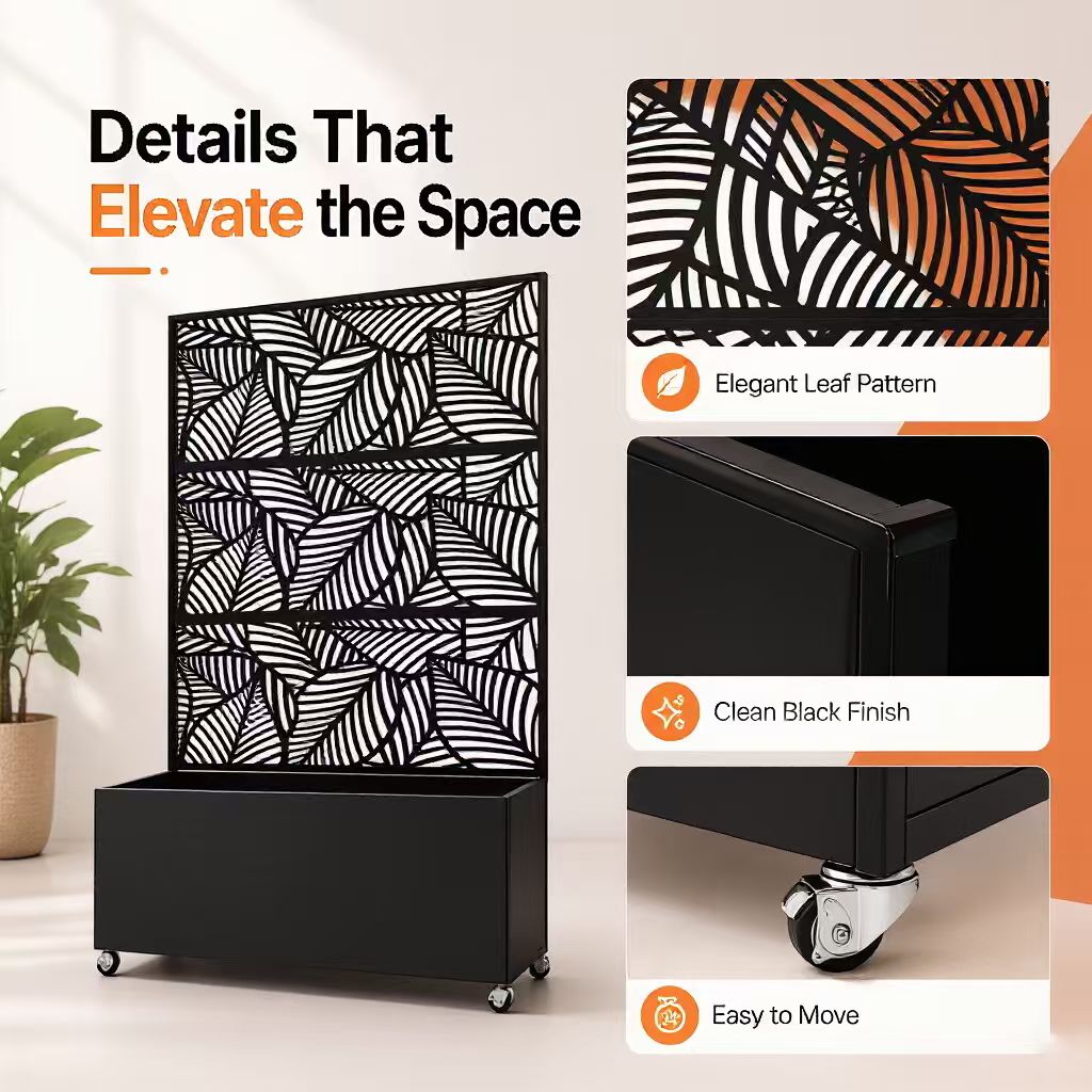 Leaf Pattern Privacy Screen with Planter Box - Black Metal