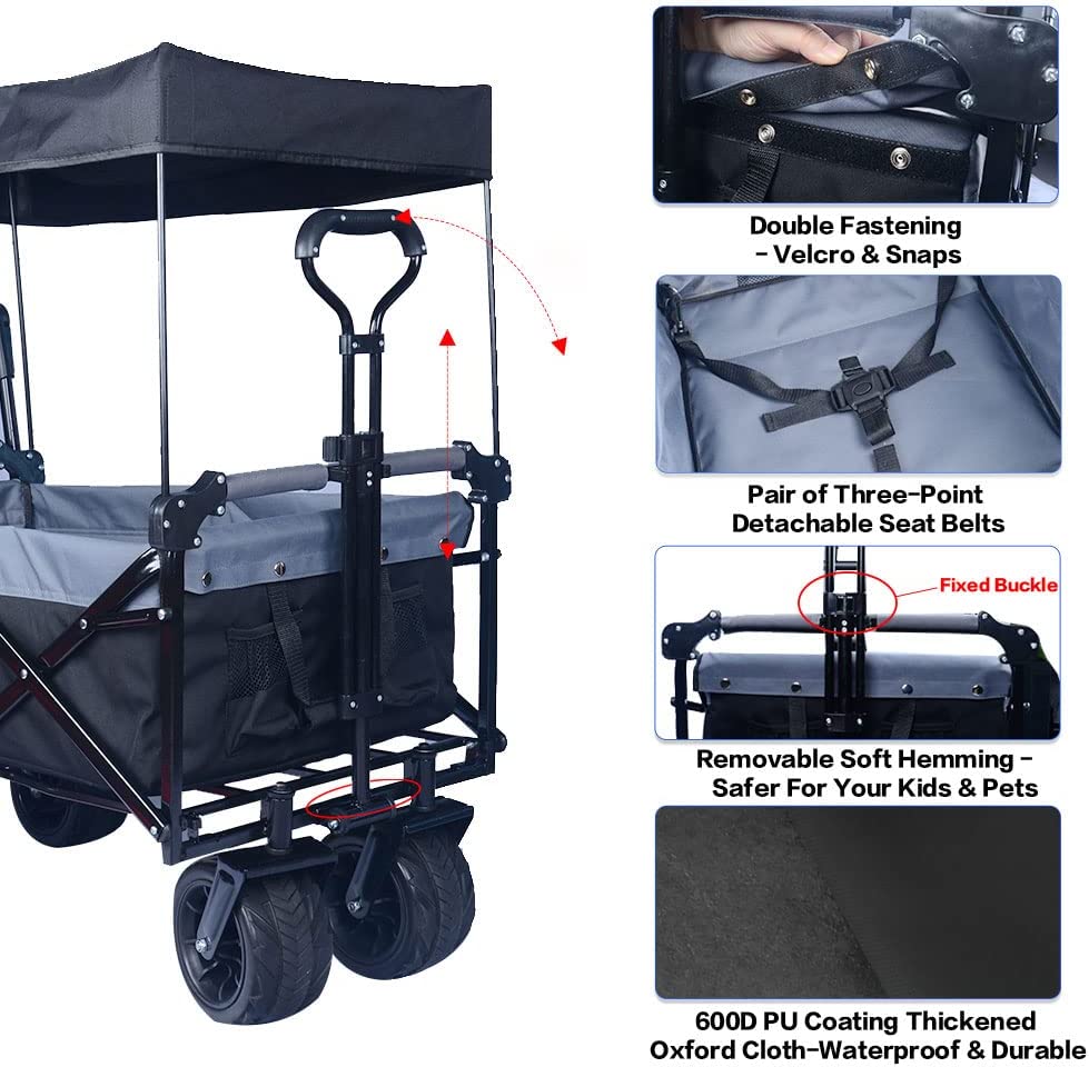 Collapsible Wagon with Canopy - 140L All-Terrain Folding Cart