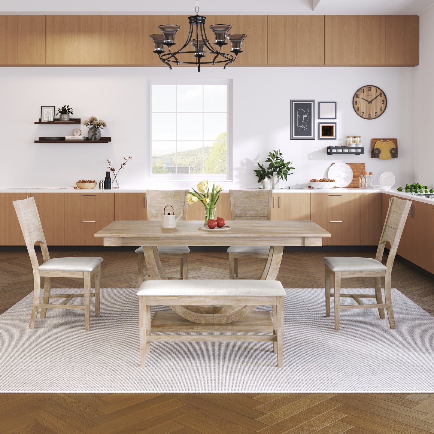 6-Piece Modern Wood Dining Table Set with Bench & Chairs - Seadrift