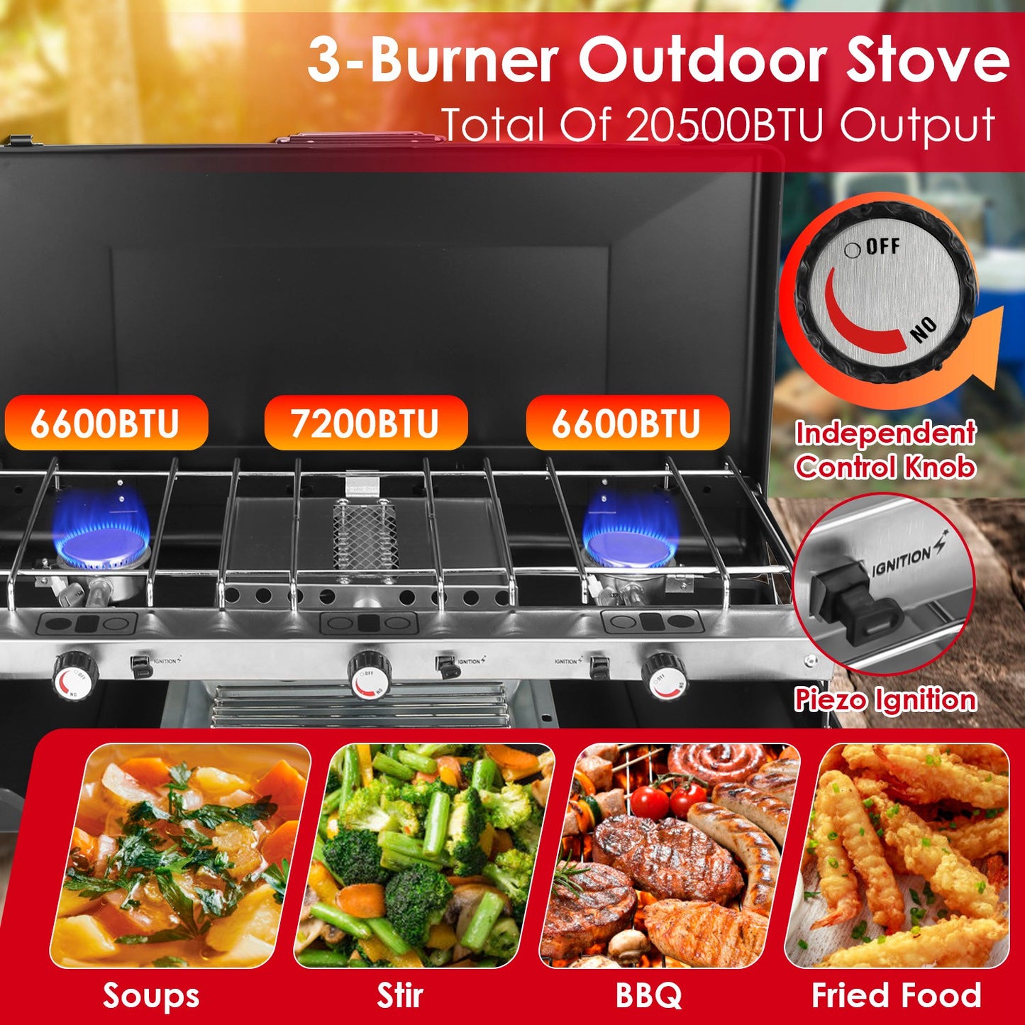 3-Burner Portable Camping Stove - 20000 BTU, Foldable with Toast Tray