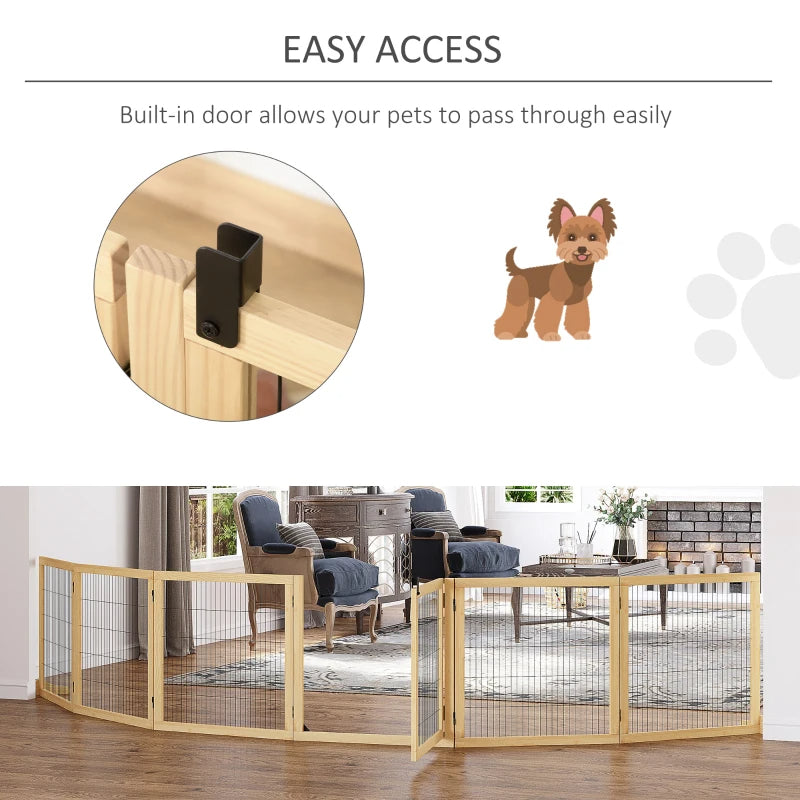 Wooden Pet Gate 6-Panel Folding Dog Safety Barrier for Small & Medium Dogs