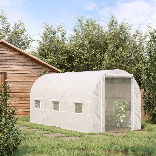 Large Walk-In Greenhouse Kit with Steel Frame and Roll-Up Windows - 15x7x7 ft