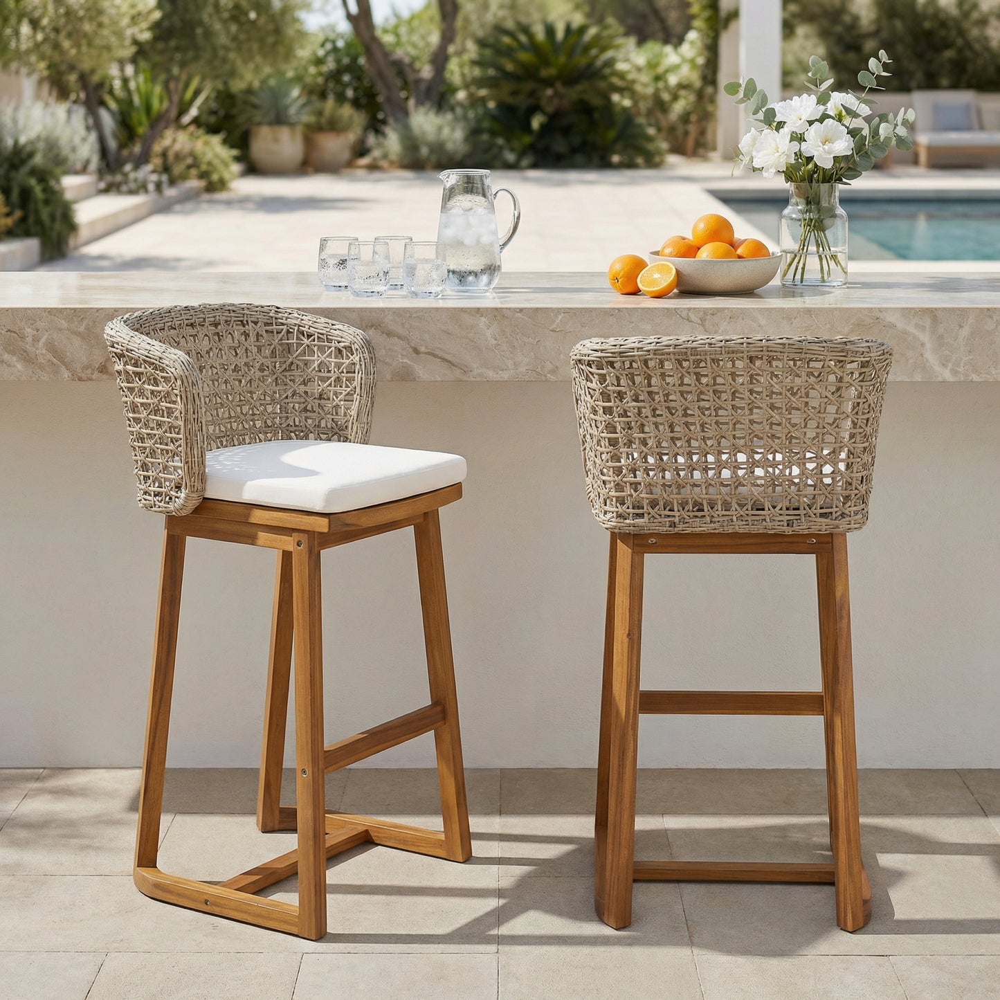 Outdoor Acacia Wood Bar Stools Set of 2 with Beige Cushion