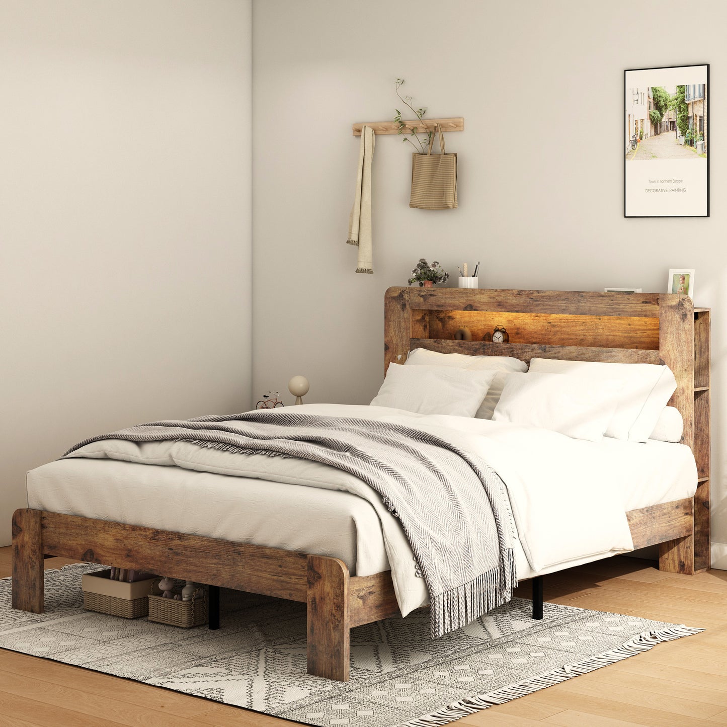 King Wood Bed Frame with LED Headboard, USB Ports & Storage