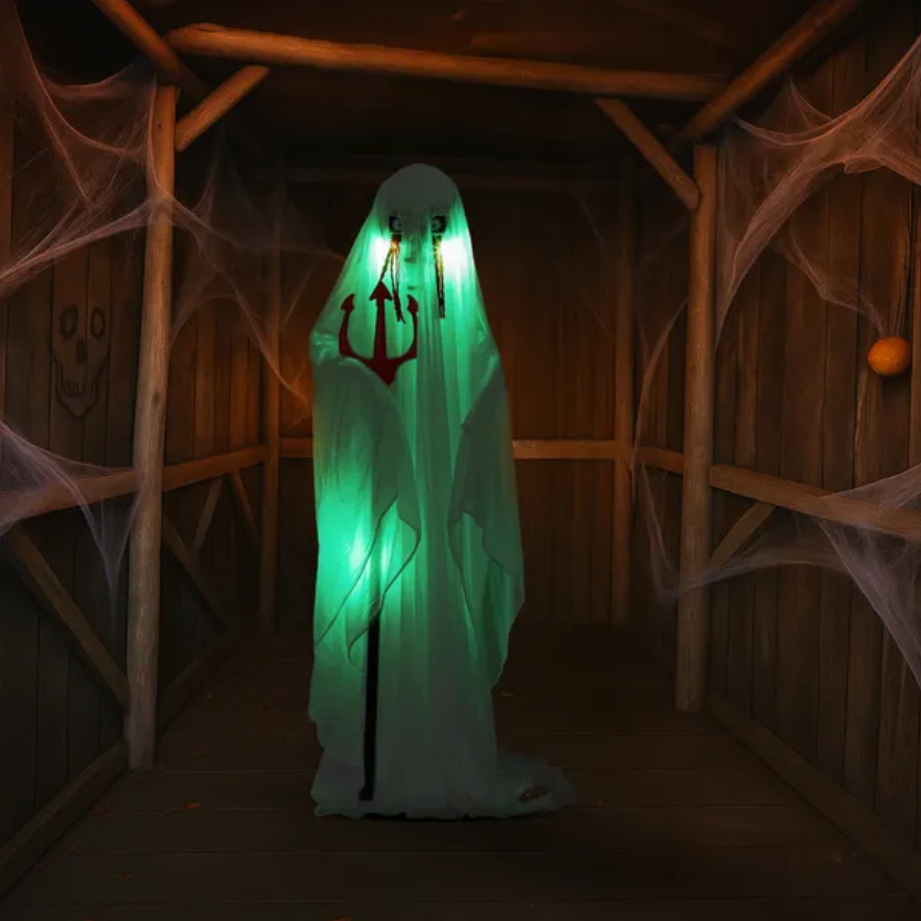 Life Size Animatronic Ghost Decoration with Trident - Sound Activated with Green Lights