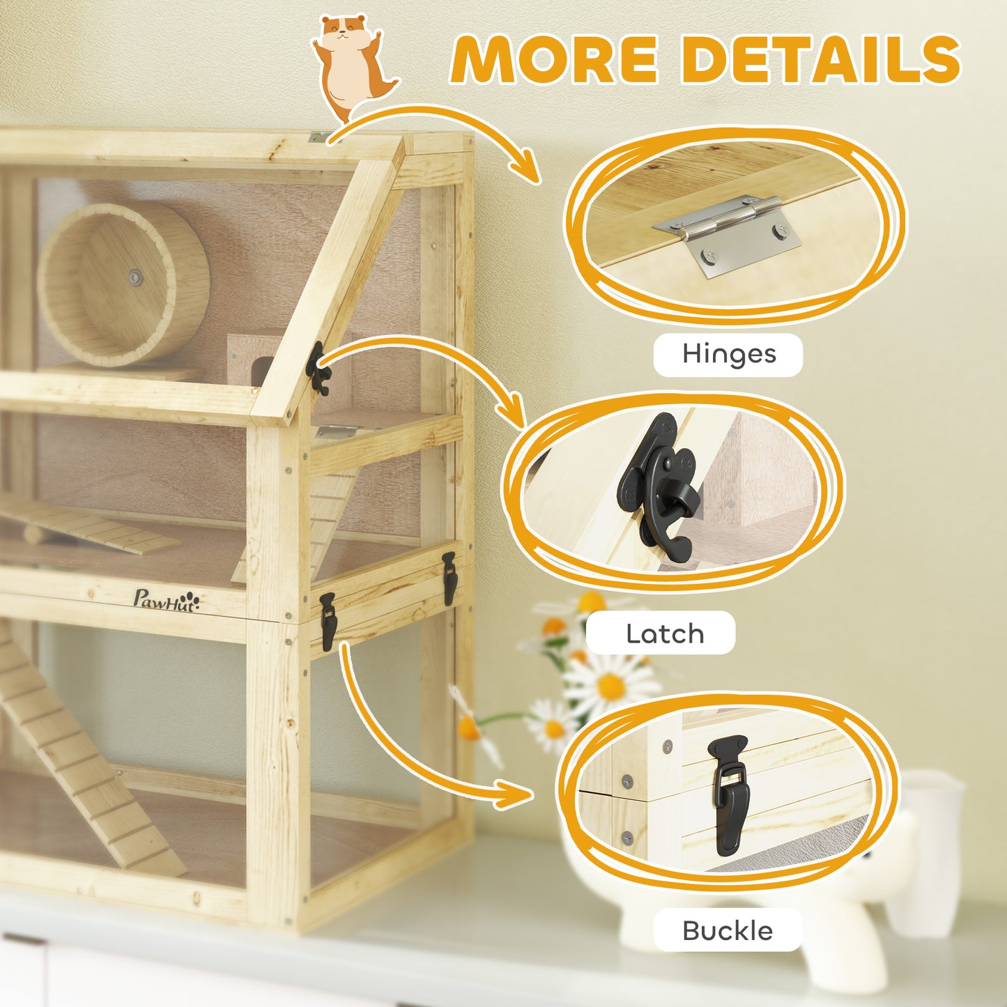 Wooden Hamster Cage with Detachable Bottom, Ramps & Accessories - 24 x 16 x 29.5 Inches