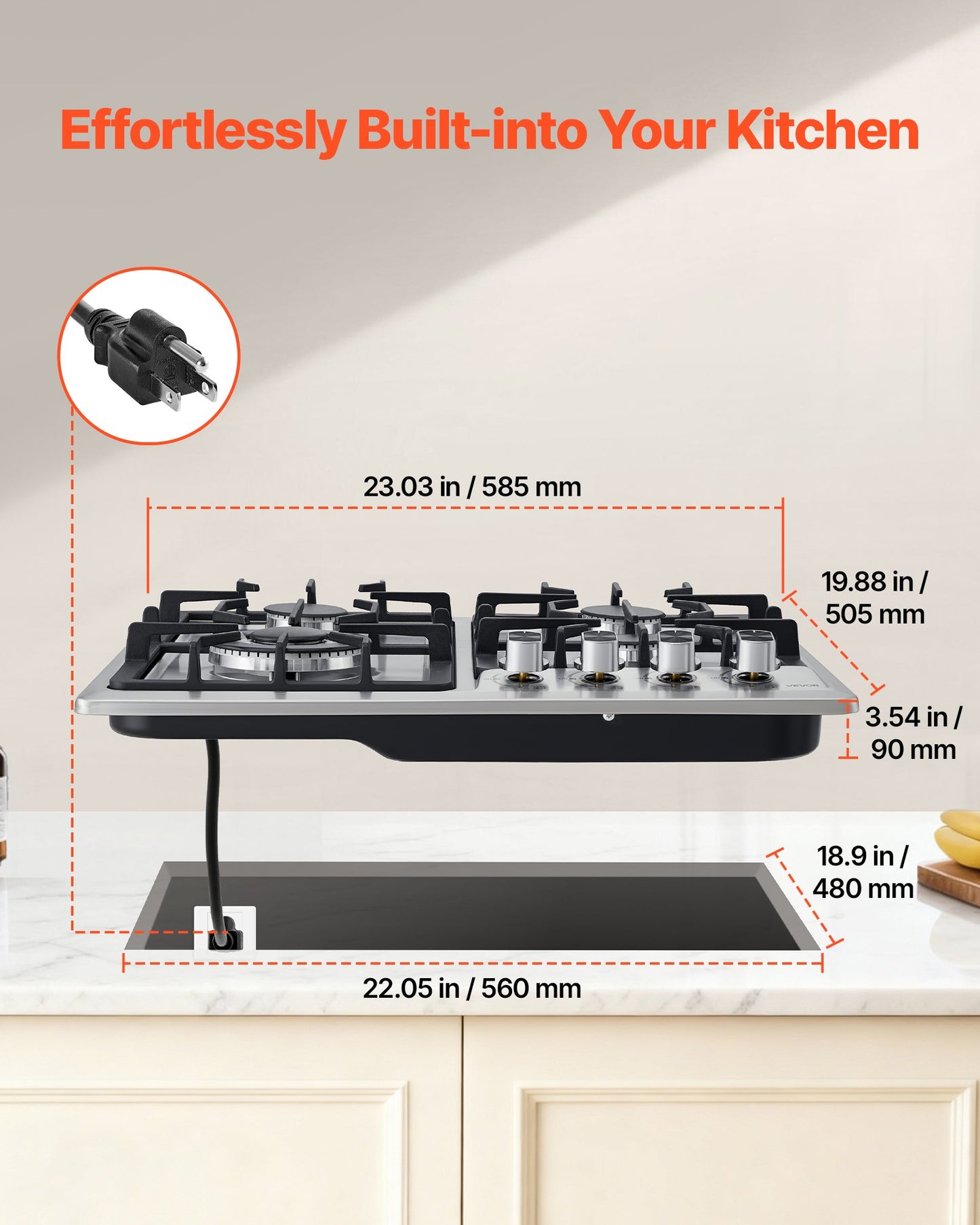 24 Inch Gas Cooktop 4 Burners Stainless Steel with Dual Fuel Conversion