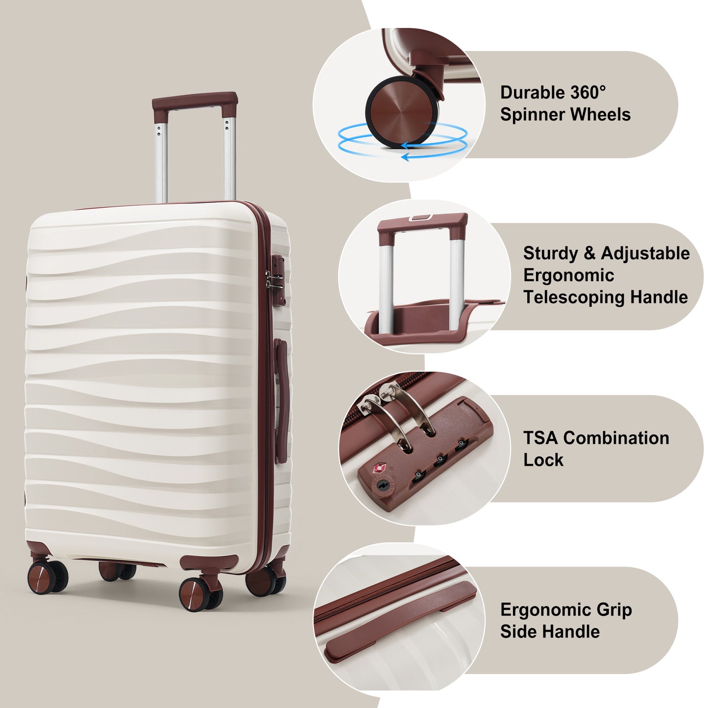 3-Piece Travel Luggage Set with TSA Lock - Ivory