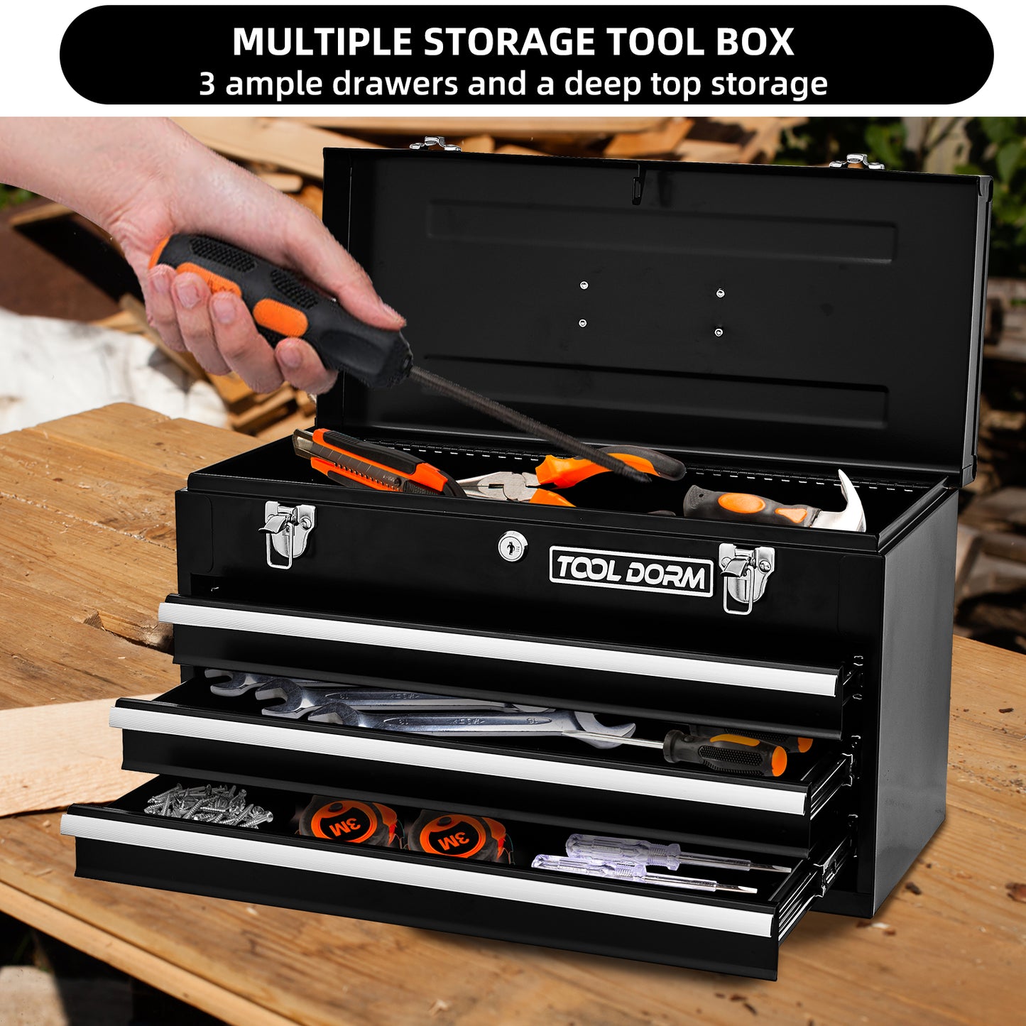 20.3-Inch Metal Tool Box with Drawers, Lockable Steel Chest for Garage and Workshop