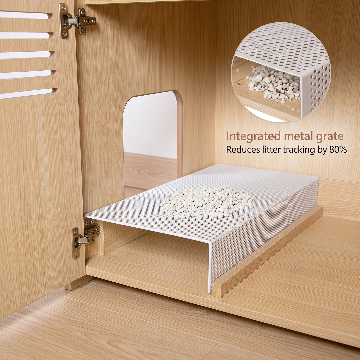 Wooden Cat House with Scratching Pad and Hidden Litter Box, Spacious Pet Furniture
