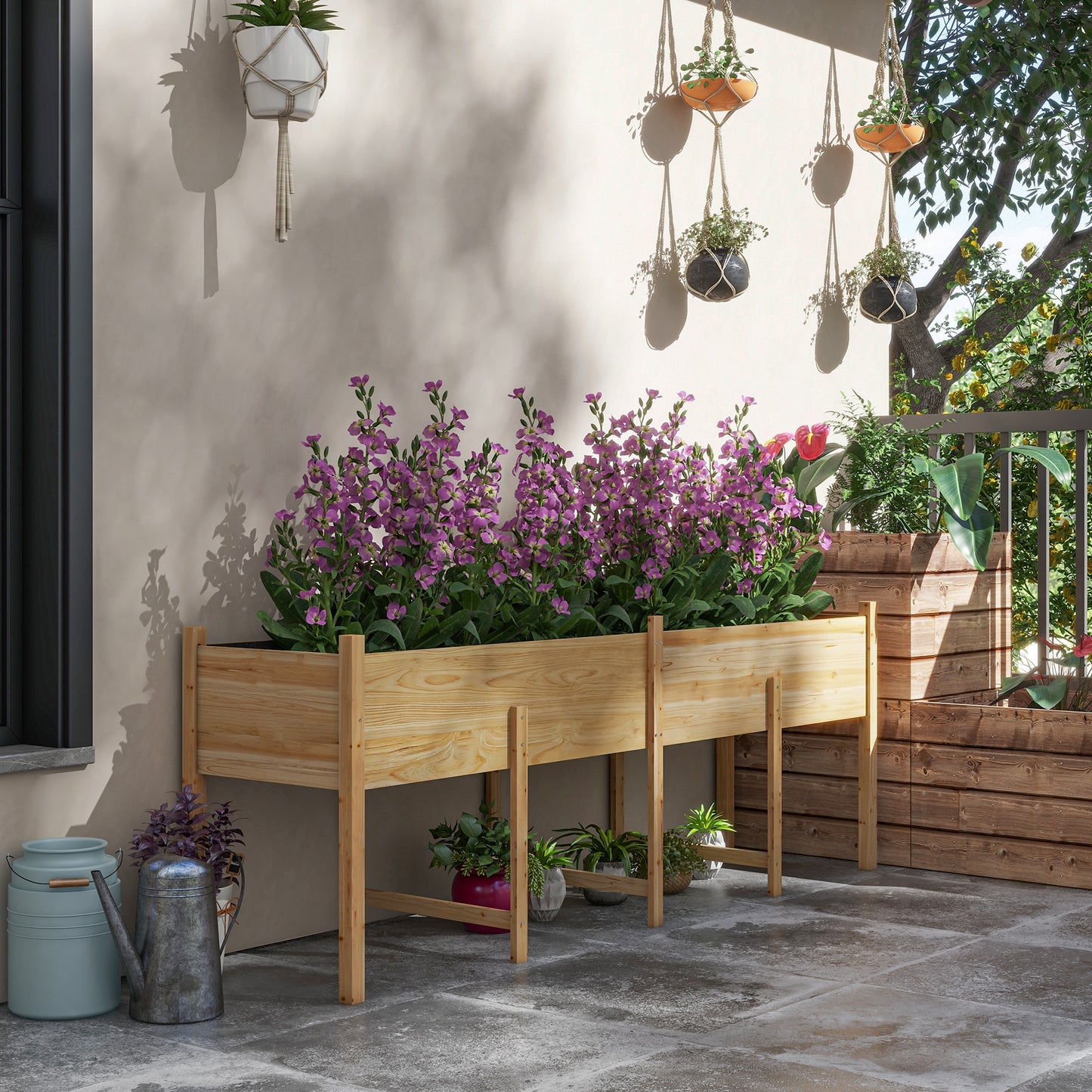 Large Wooden Raised Garden Bed with Legs, Drain Holes & Liner - Natural Finish