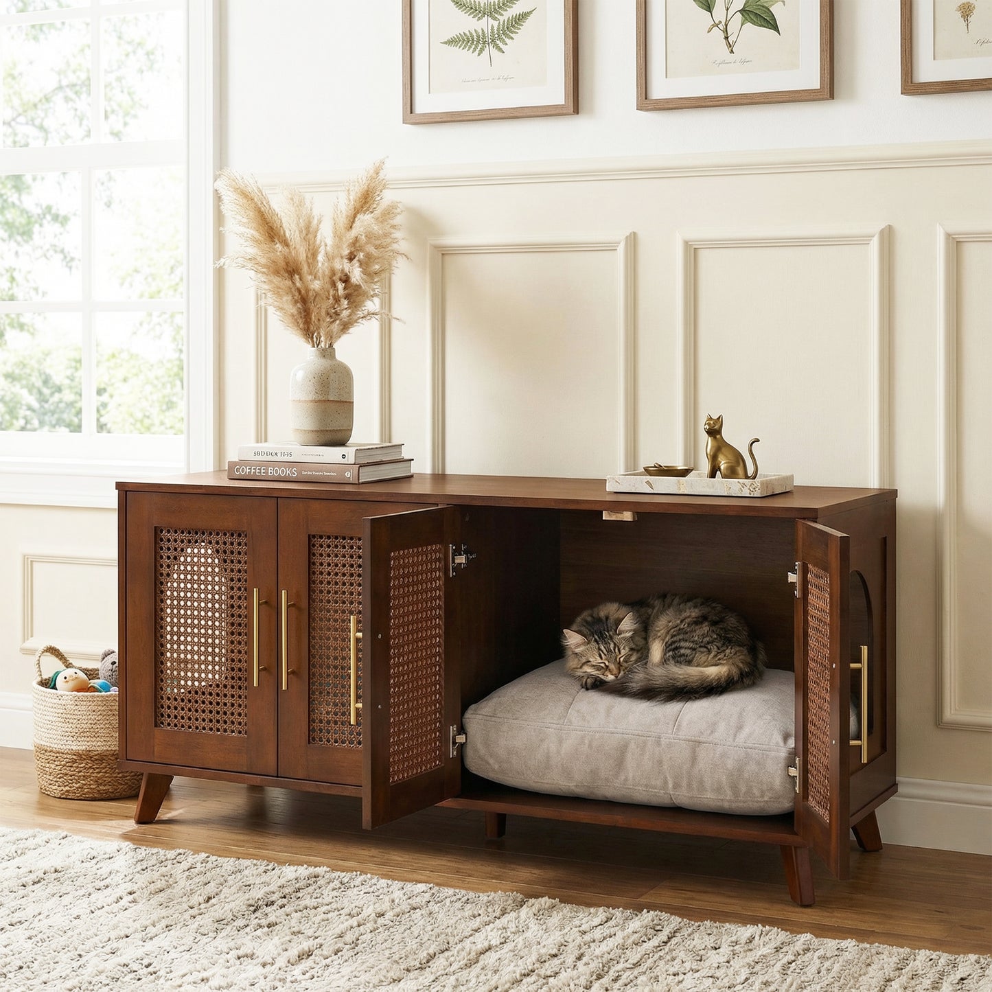 Myra Indoor Premium Rubber Wood Cat Cabinet With Cozy Cushion Stylish