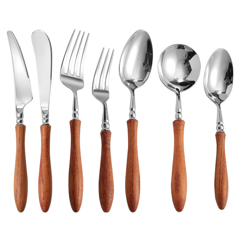 Stainless Steel Cutlery Set with Wooden Handles - Forks Spoons Knives