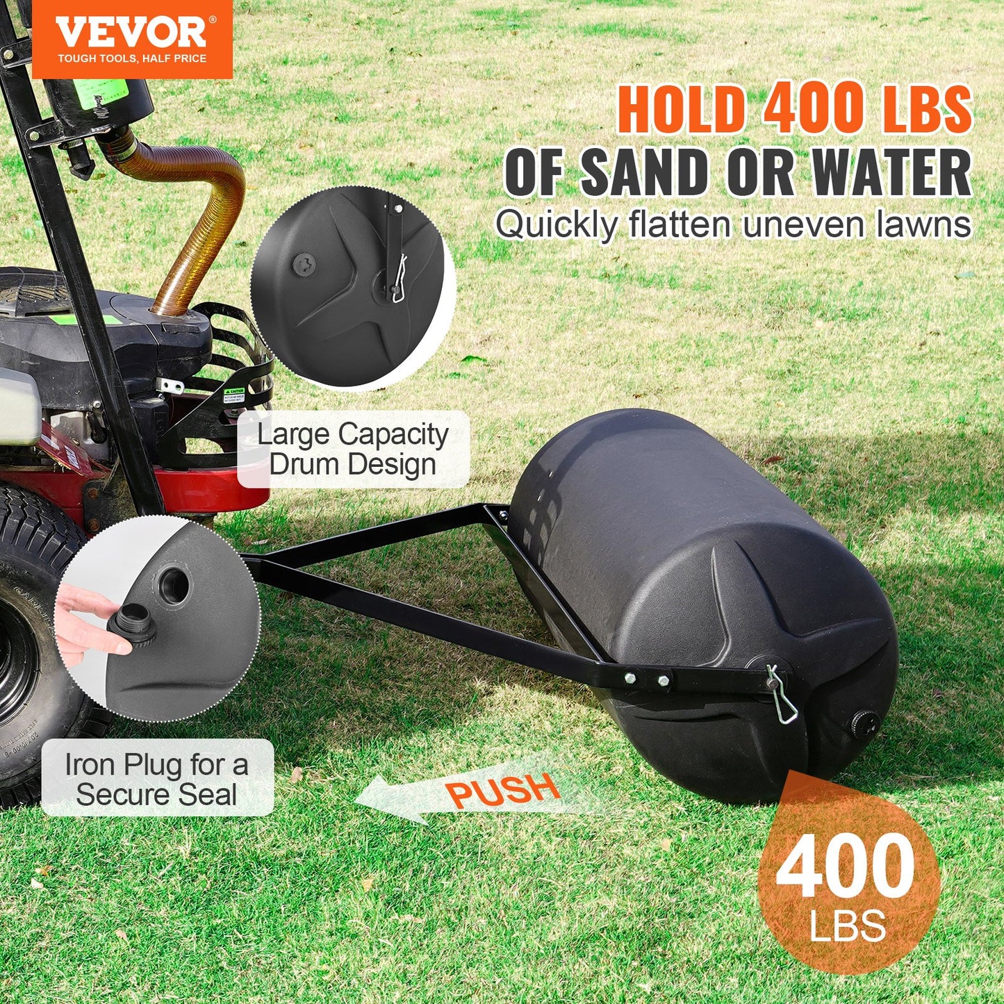 Tow Behind Lawn Roller 400lbs Sand/Water Filled Yard Sod Roller with Steel Frame