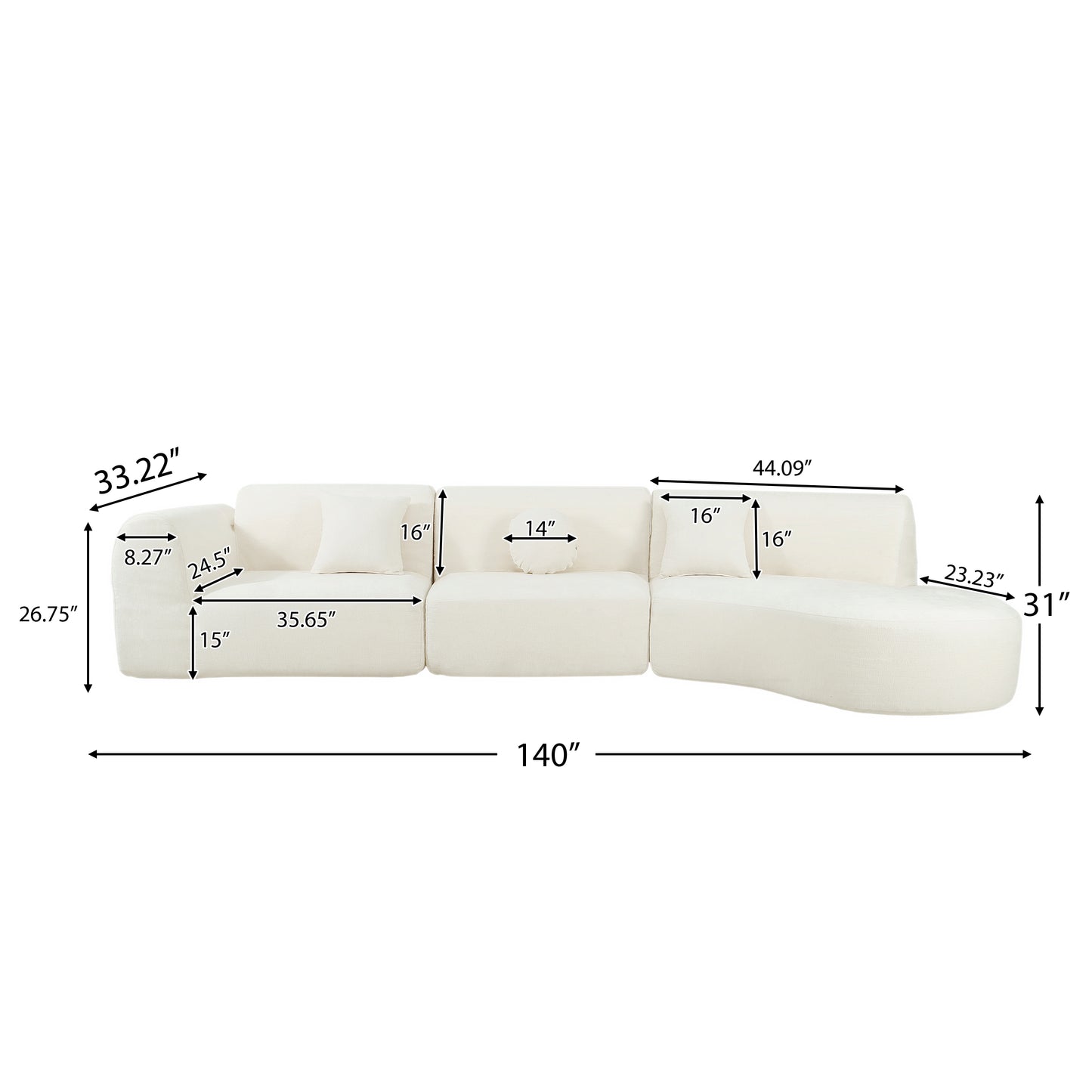 140" Curved Sectional Sofa - Beige 3-Piece Set with Chaise Lounge