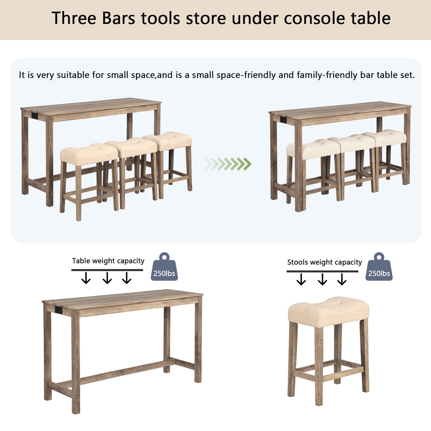 4-Piece Bar Table Set with Power Outlet and 3 Stools - Brown