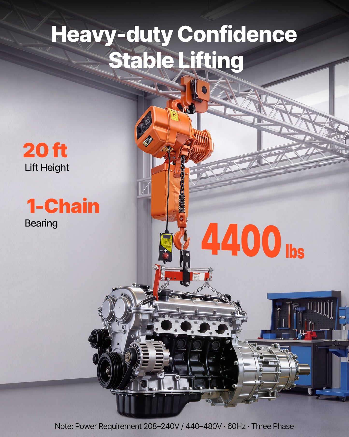 4400 Lb Electric Chain Hoist with Wireless Remote Control, 20 Ft Lift, Three-Phase Industrial Overhead Crane