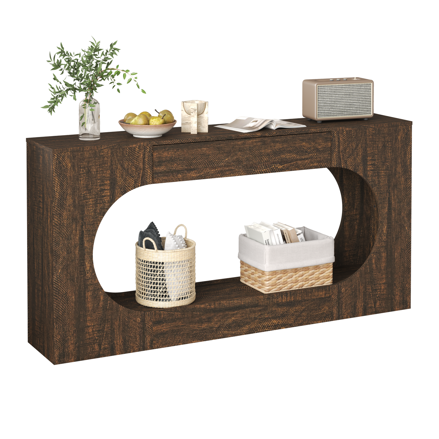 Narrow Walnut Wood Grain Console Table with Drawer - 63"