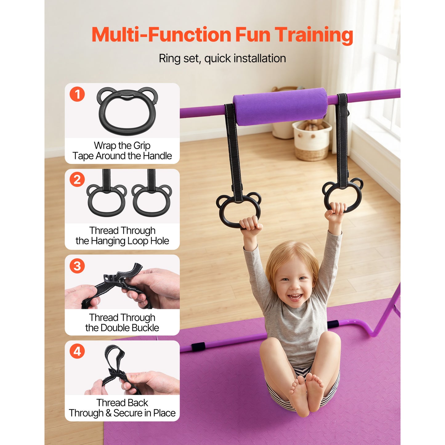 Kids Gymnastics Bars - Adjustable Height Folding Kip Bar with Mat, Indoor Outdoor Training Equipment, Purple