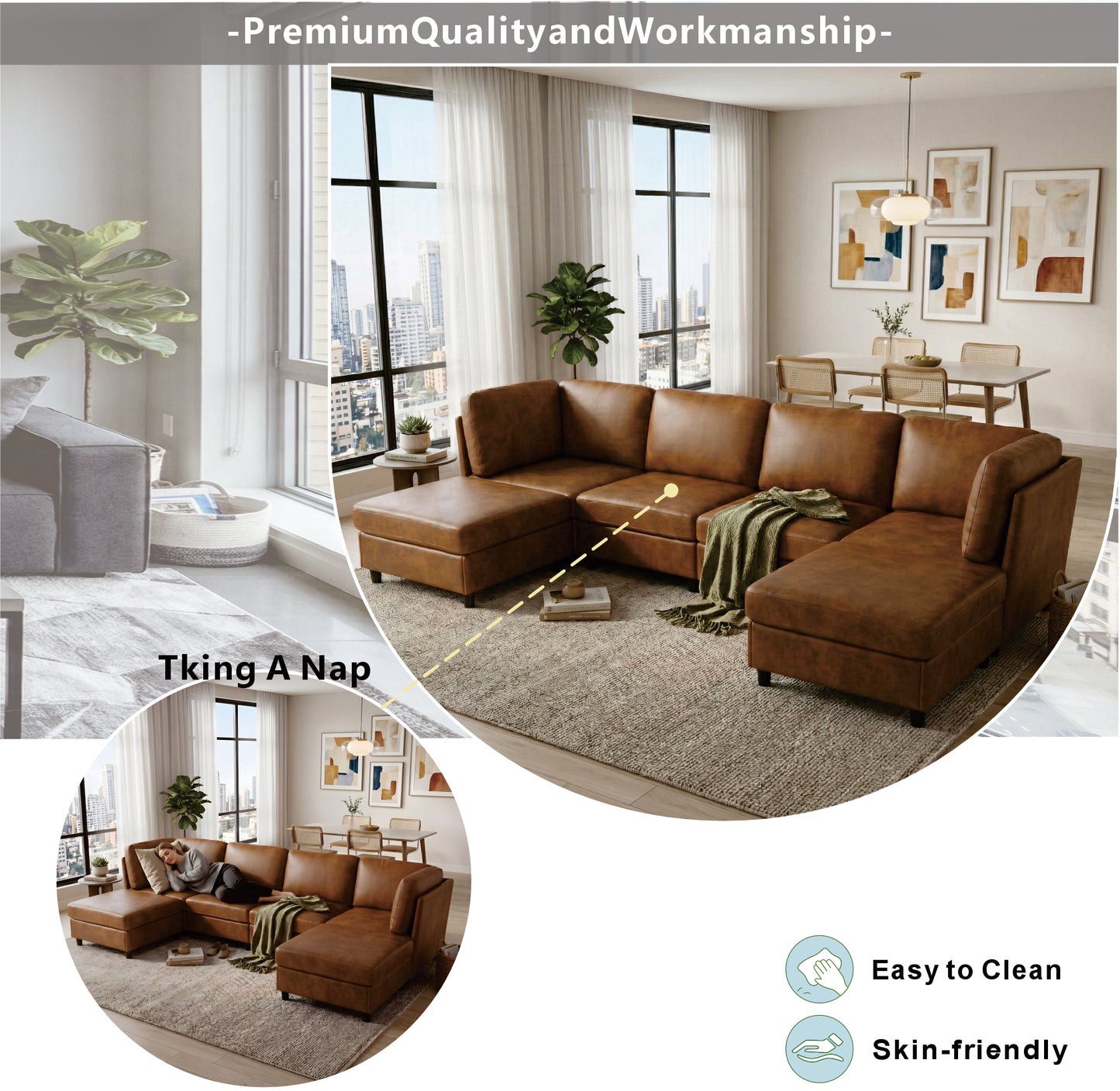Modular Corner Sofa - Light Brown Fabric, 6 Seats, Modern Design