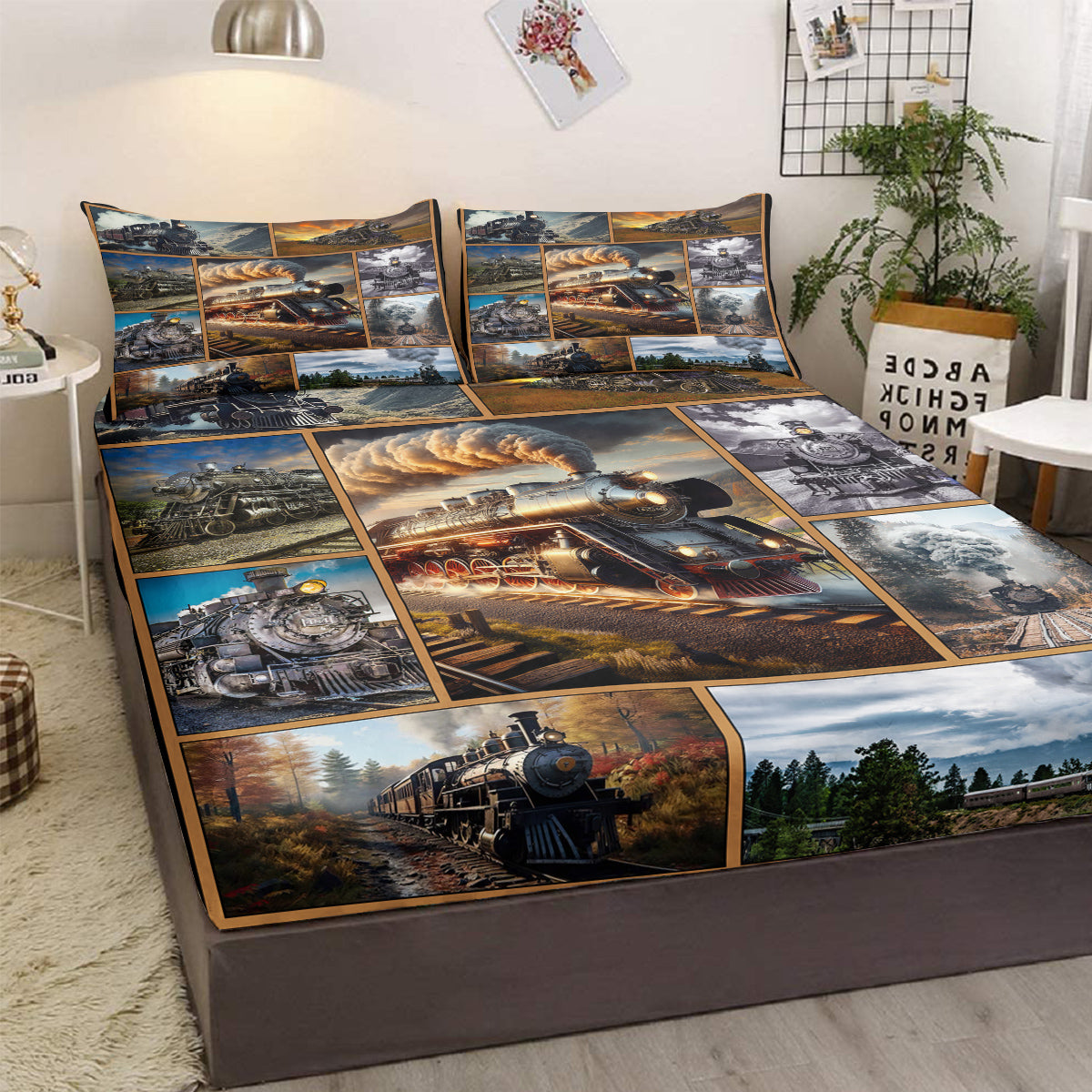 Twin Fitted Sheet for Train Bed Set - Vintage Steam Train Bedding for Boys and Men