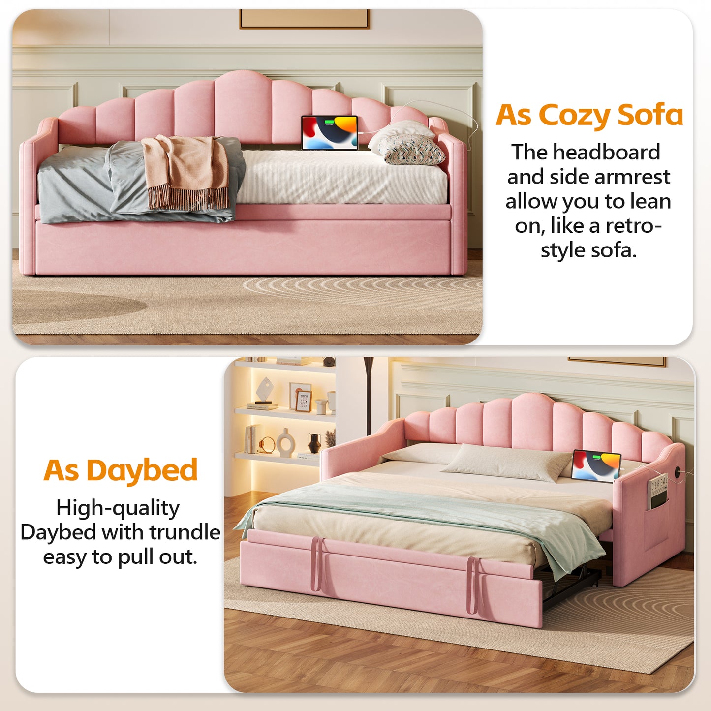 Upholstered Twin Size Daybed With Adjustable Height Pop Up Trundle