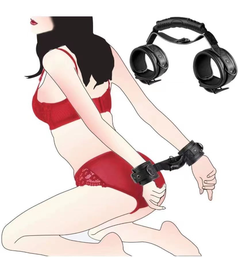 Black Leather Handcuffs for Bondage Training, Adult Wellness Toy