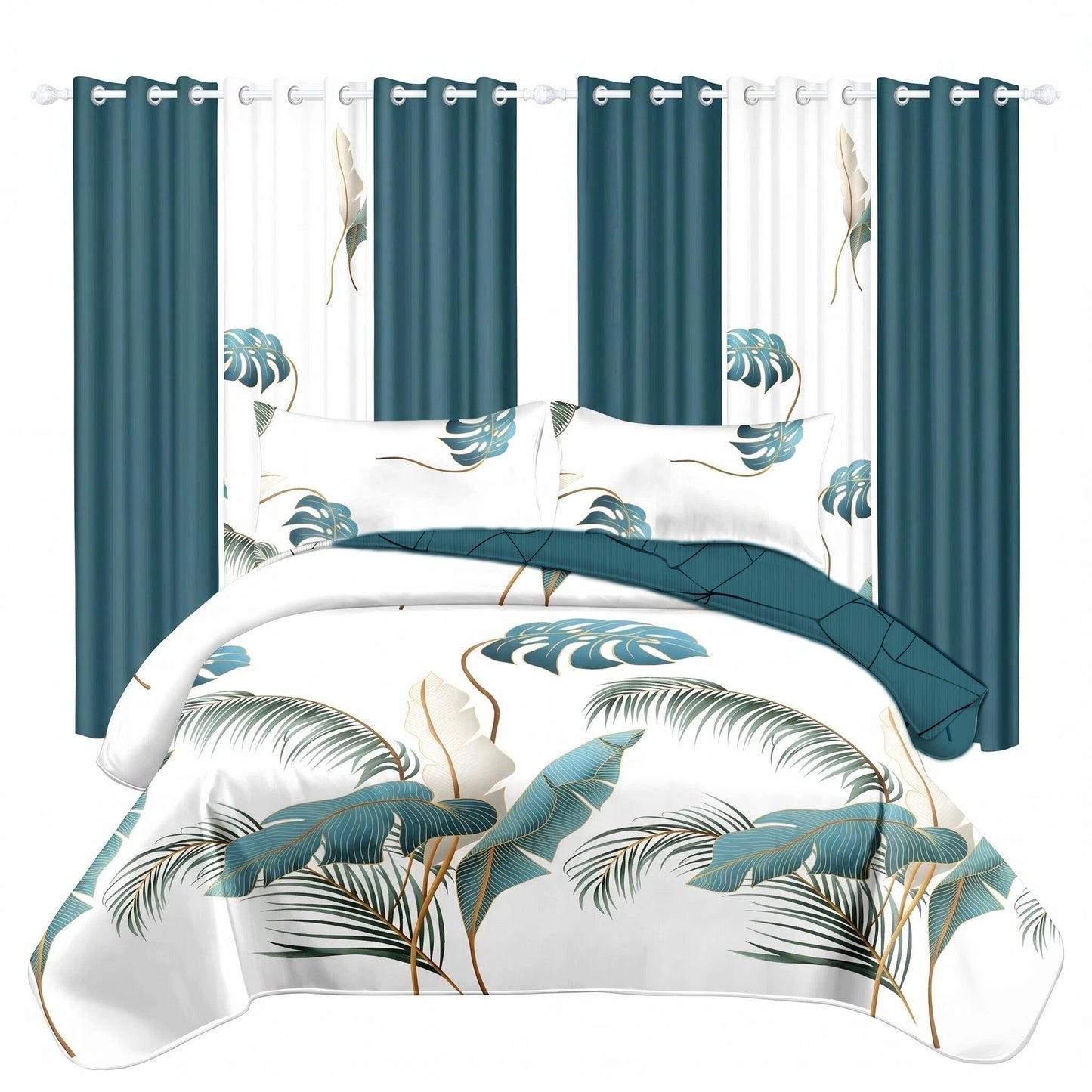 Tropical Palm Leaf Quilt Set with 6 Curtains - Teal Botanical Decor