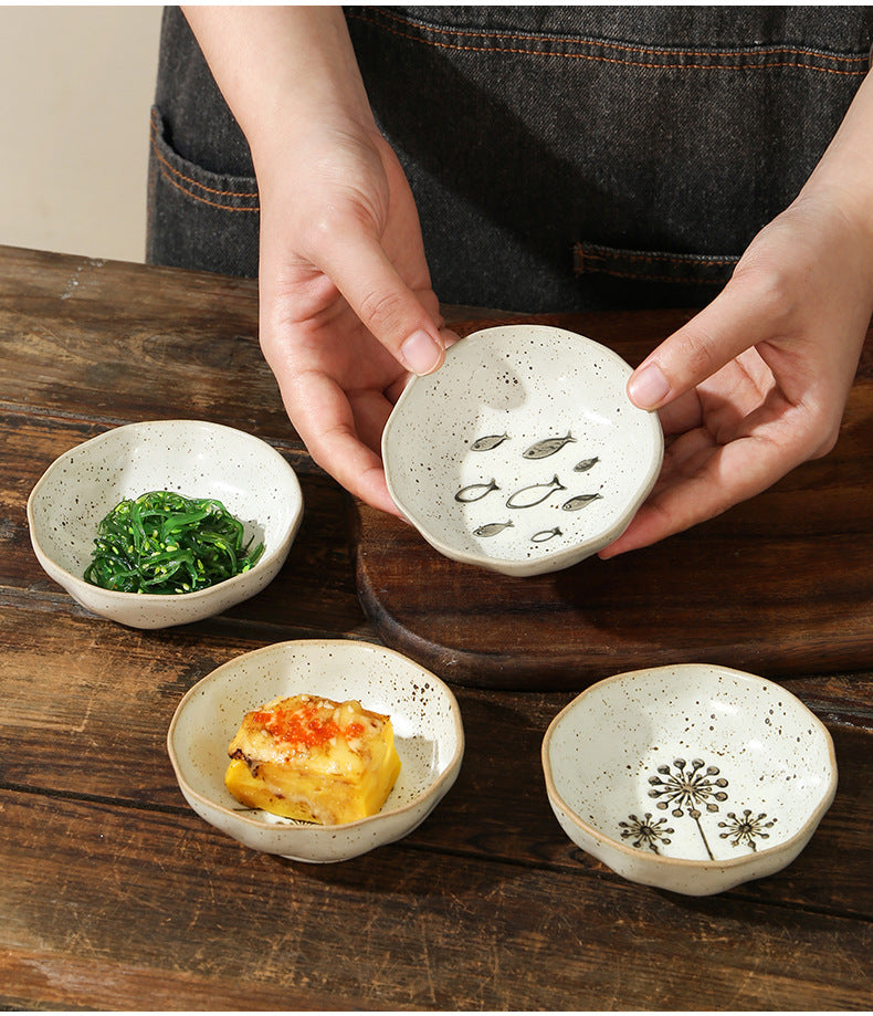 Japanese Ceramic Saucer for Condiments - Household Dish Small Fish & Sunflower Variants