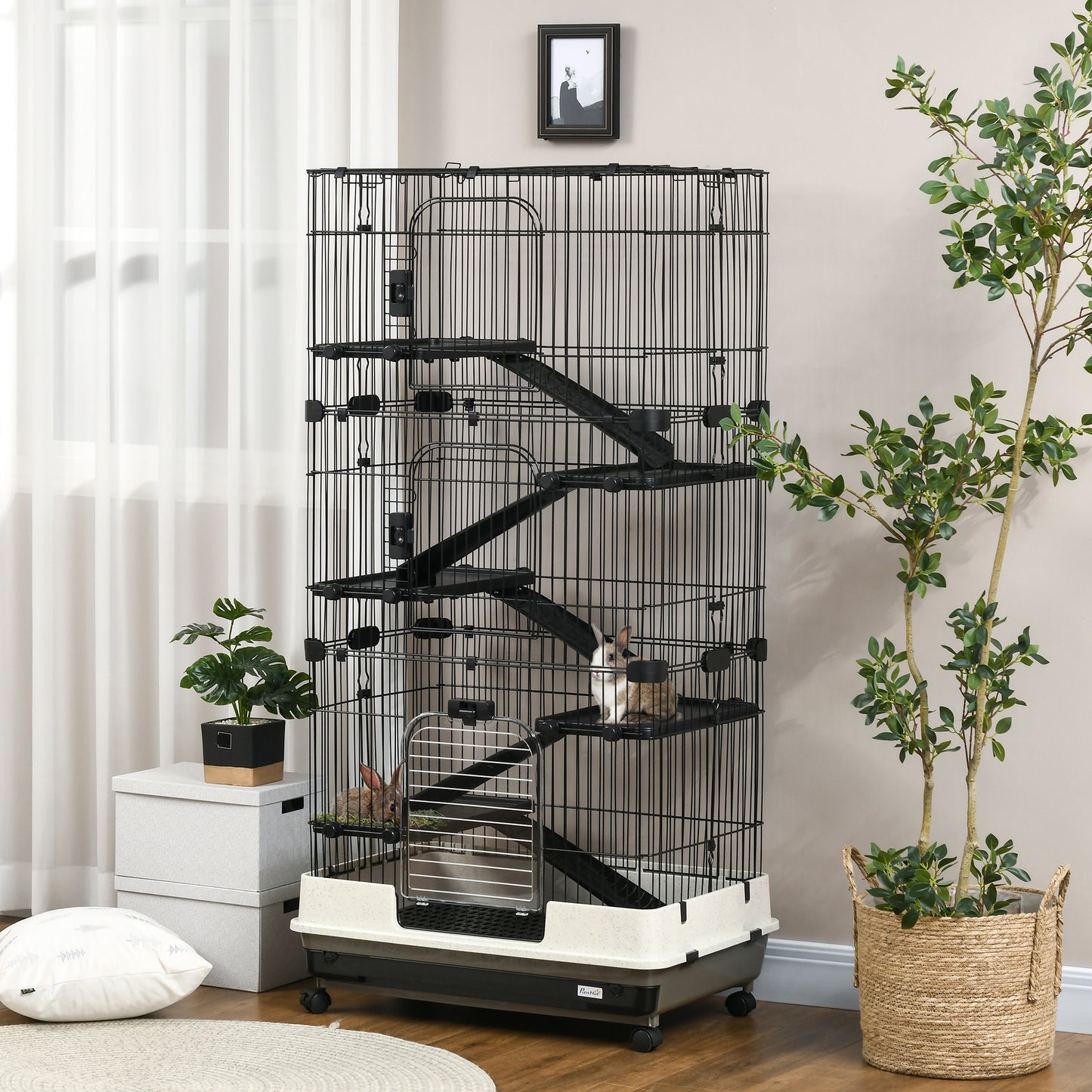Small Animal Cage 32 Inch 6-Level with Lockable Wheels & Slide-Out Tray for Rabbits, Ferrets, Chinchillas - Black