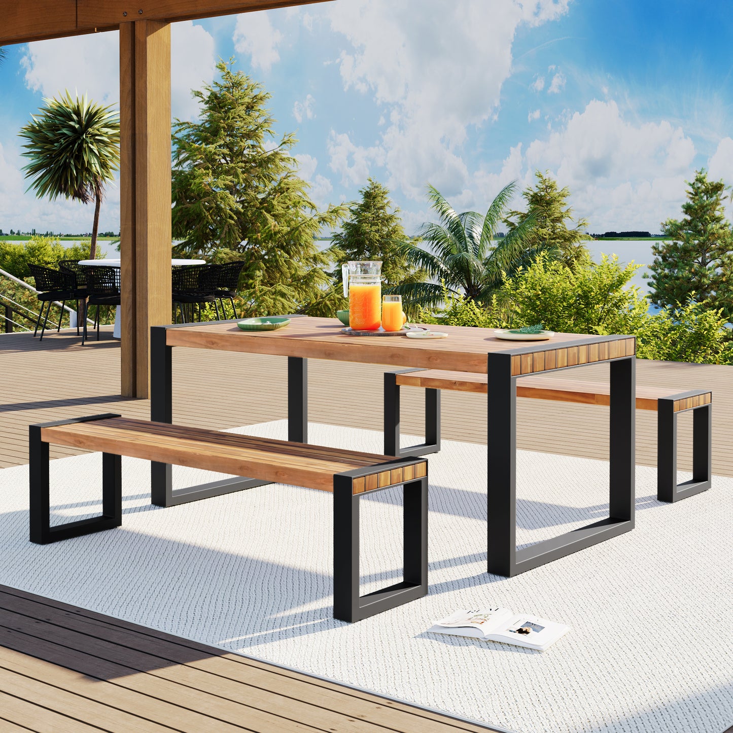GO 3-pieces Outdoor Dining Table With 2 Benches, Patio Set Unique Top