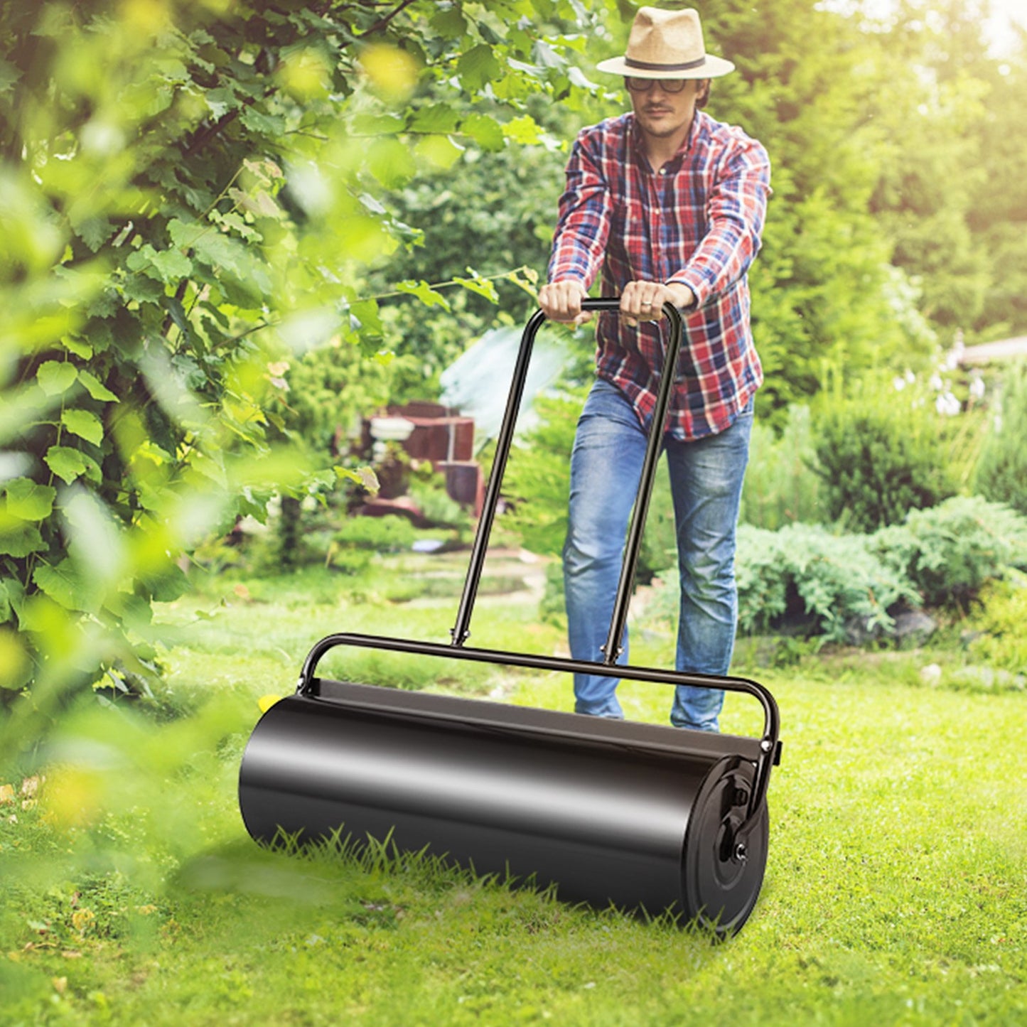 Heavy-Duty Lawn Roller 17 Gallon Steel Water & Sand Filled Garden Tool Black