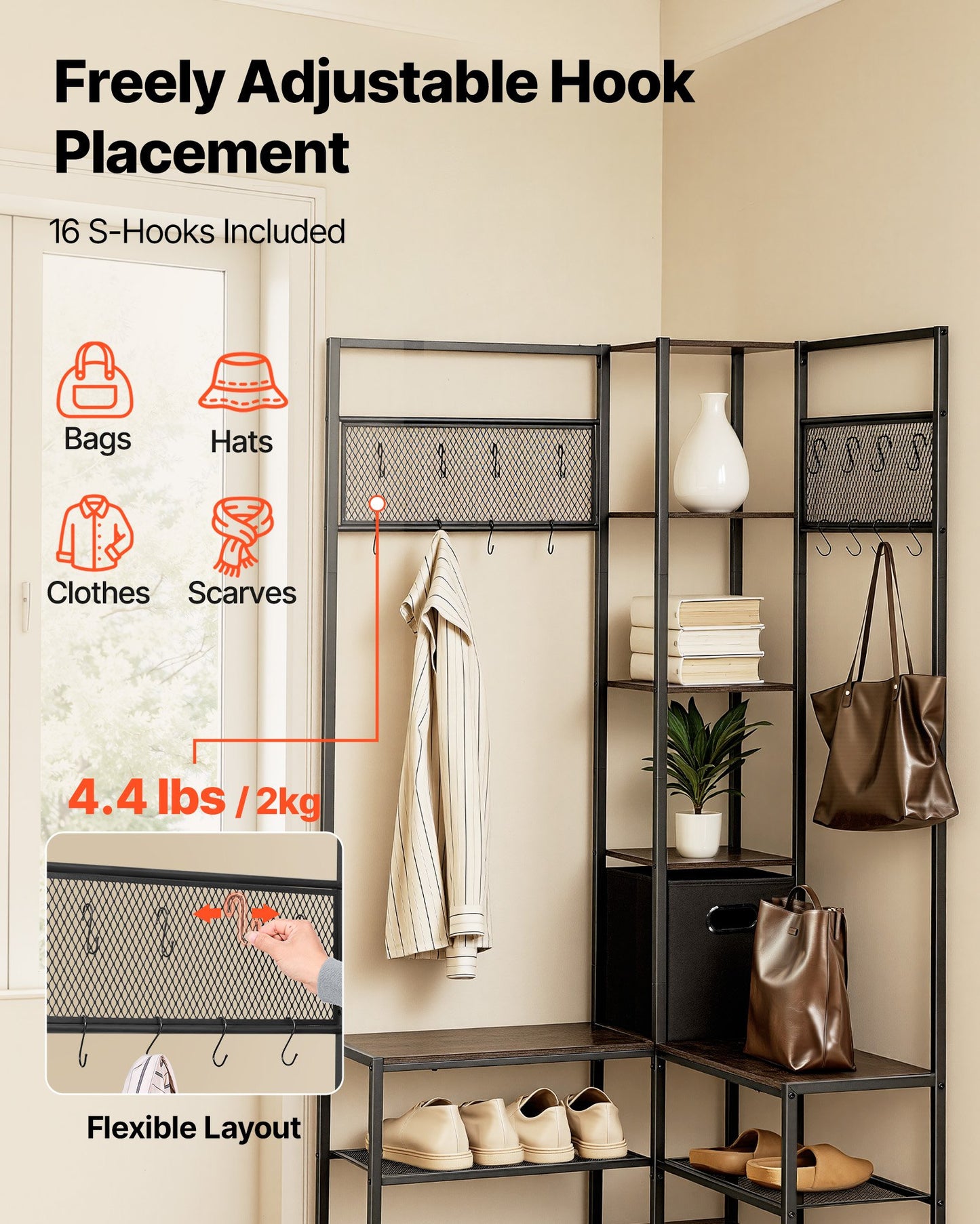 Corner Coat Rack with Shoe Bench and Hooks - Rustic Brown, 70.9 Inches
