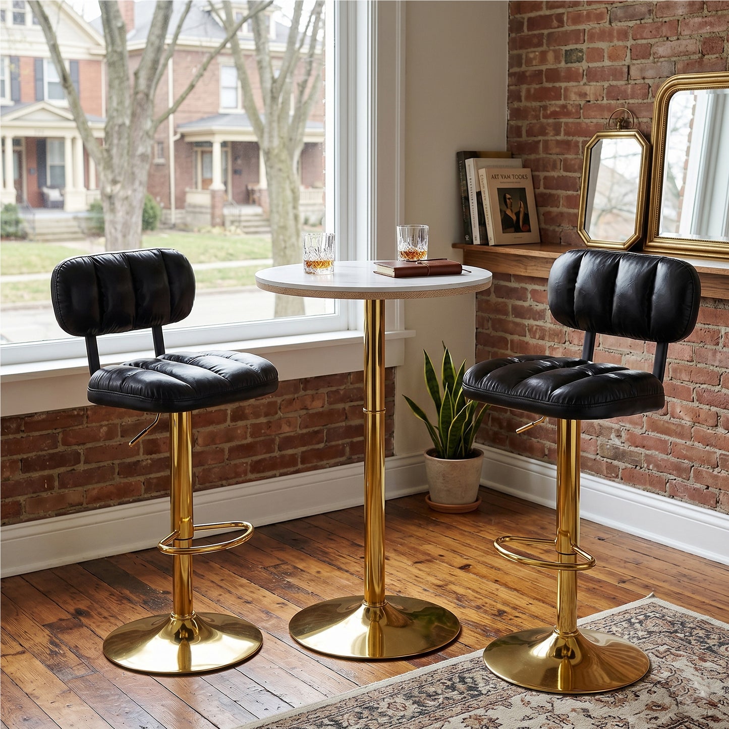 Set Of 2 Modern Bar Stools With Adjustable Height, Black PU Leather