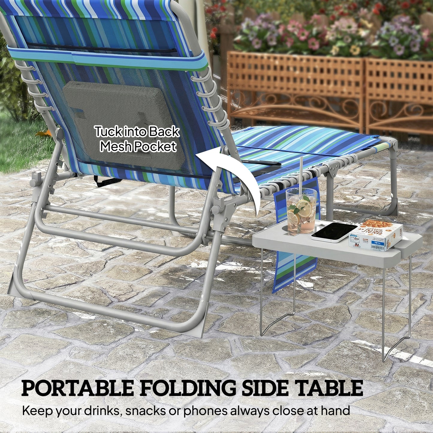 Folding Outdoor Lounge Chair with Face Hole & Side Table - Blue Stripe