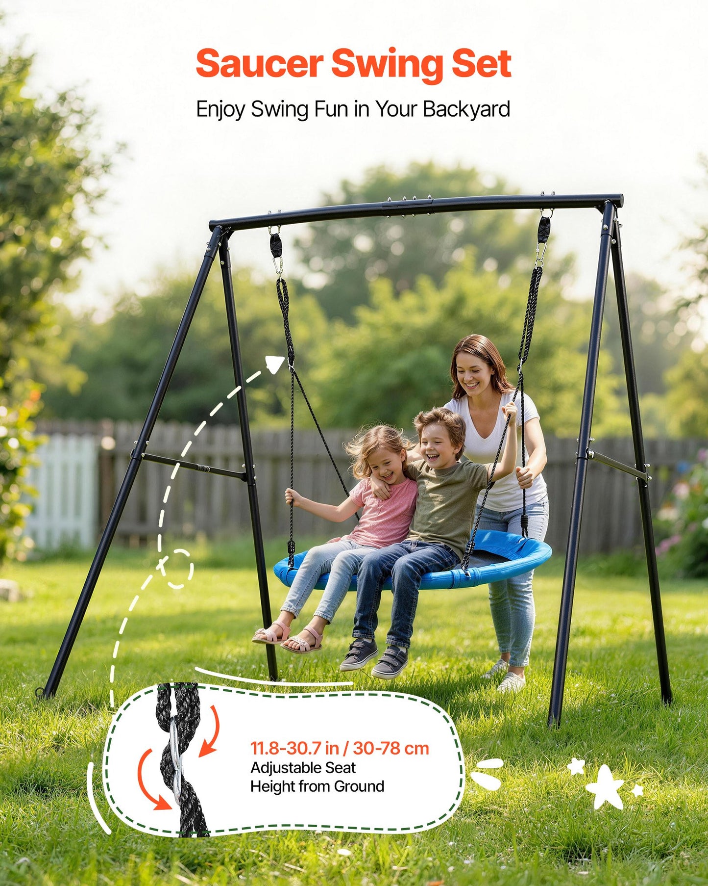 Heavy Duty Saucer Swing Set for Backyard with 40 Inch Seat and Metal Frame, Black