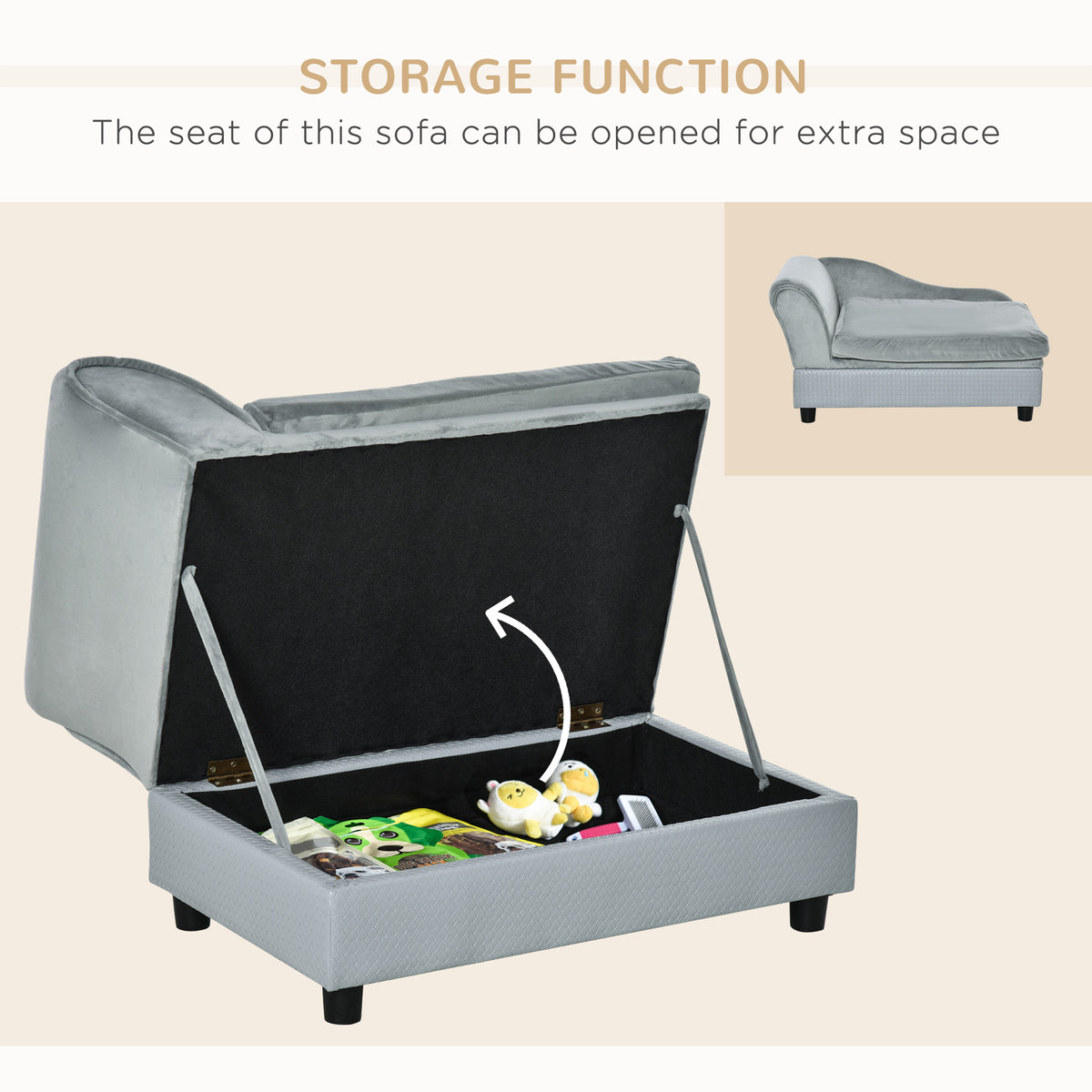 Small Dog Couch Bed with Hidden Storage - Pale Gray Pet Sofa with Foam