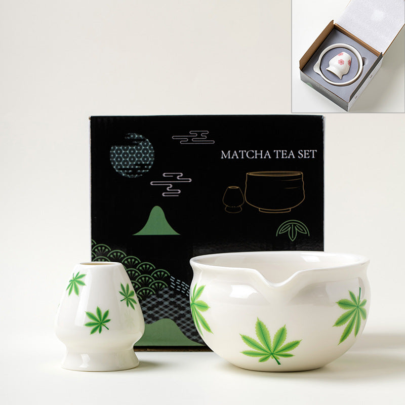 Ceramic Matcha Bowl Set Japanese Style Flower Pattern Home Barware