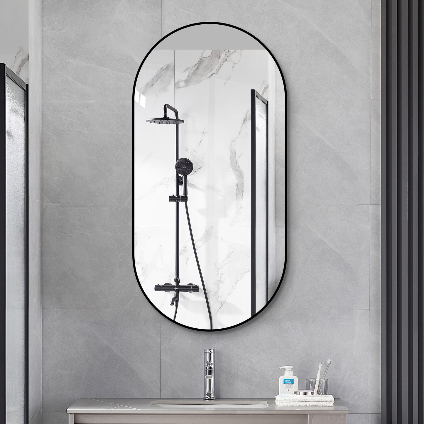 48x24 Inch Black Wall Mounted Bathroom Vanity Mirror - Modern Design