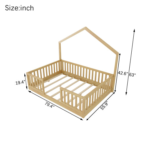 Full Montessori Floor Bed with High Rails & LED Light - Natural