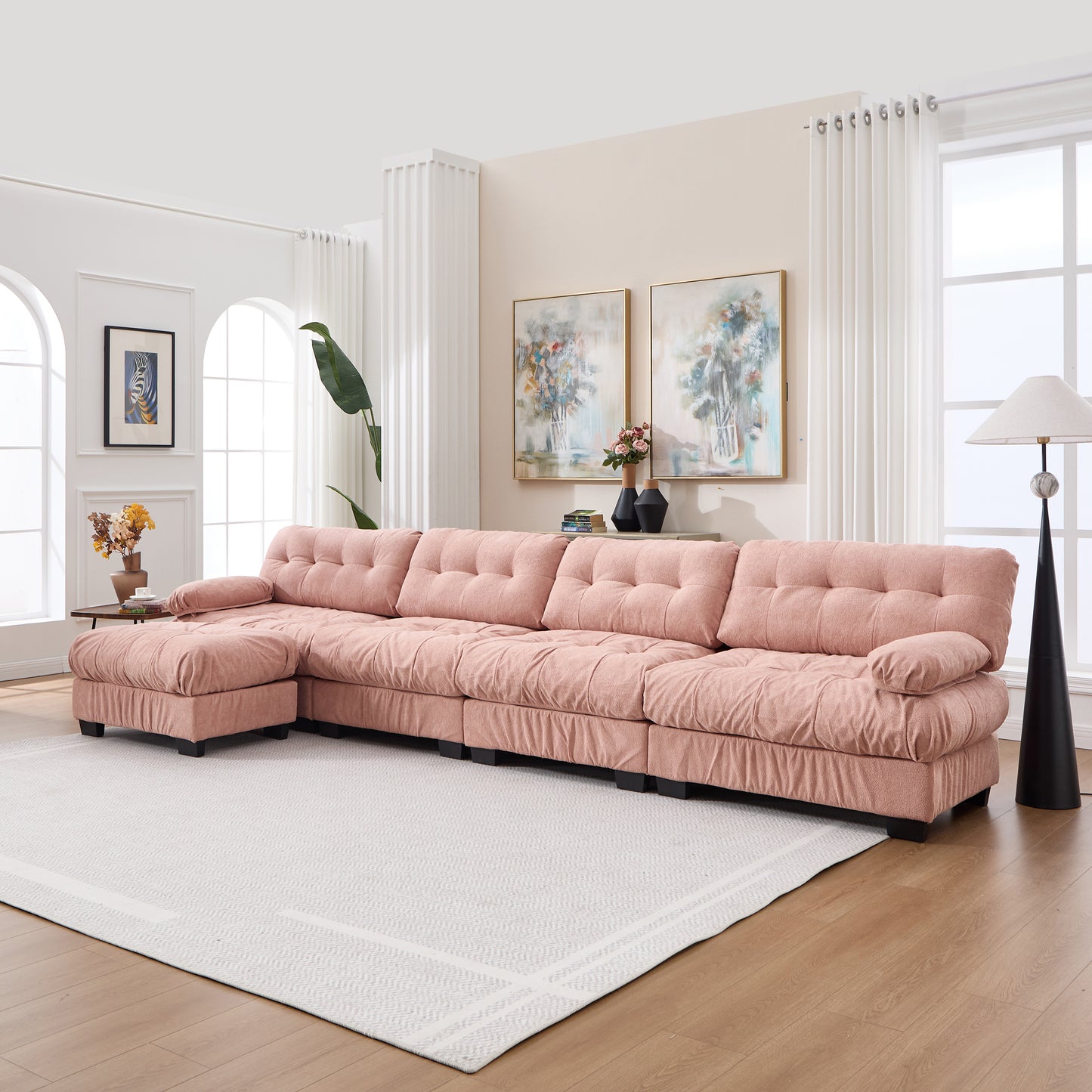 L-Shaped Modular Sectional Sofa - Pink Cloud Couch with 6 Pillows