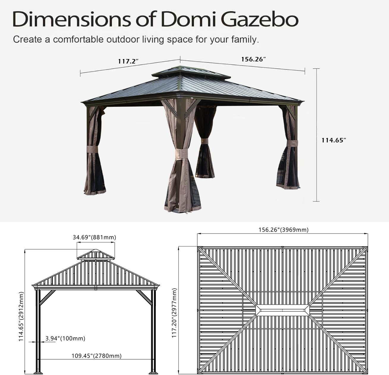 10x13FT Hardtop Outdoor Gazebo with Steel Double Roof - Brown