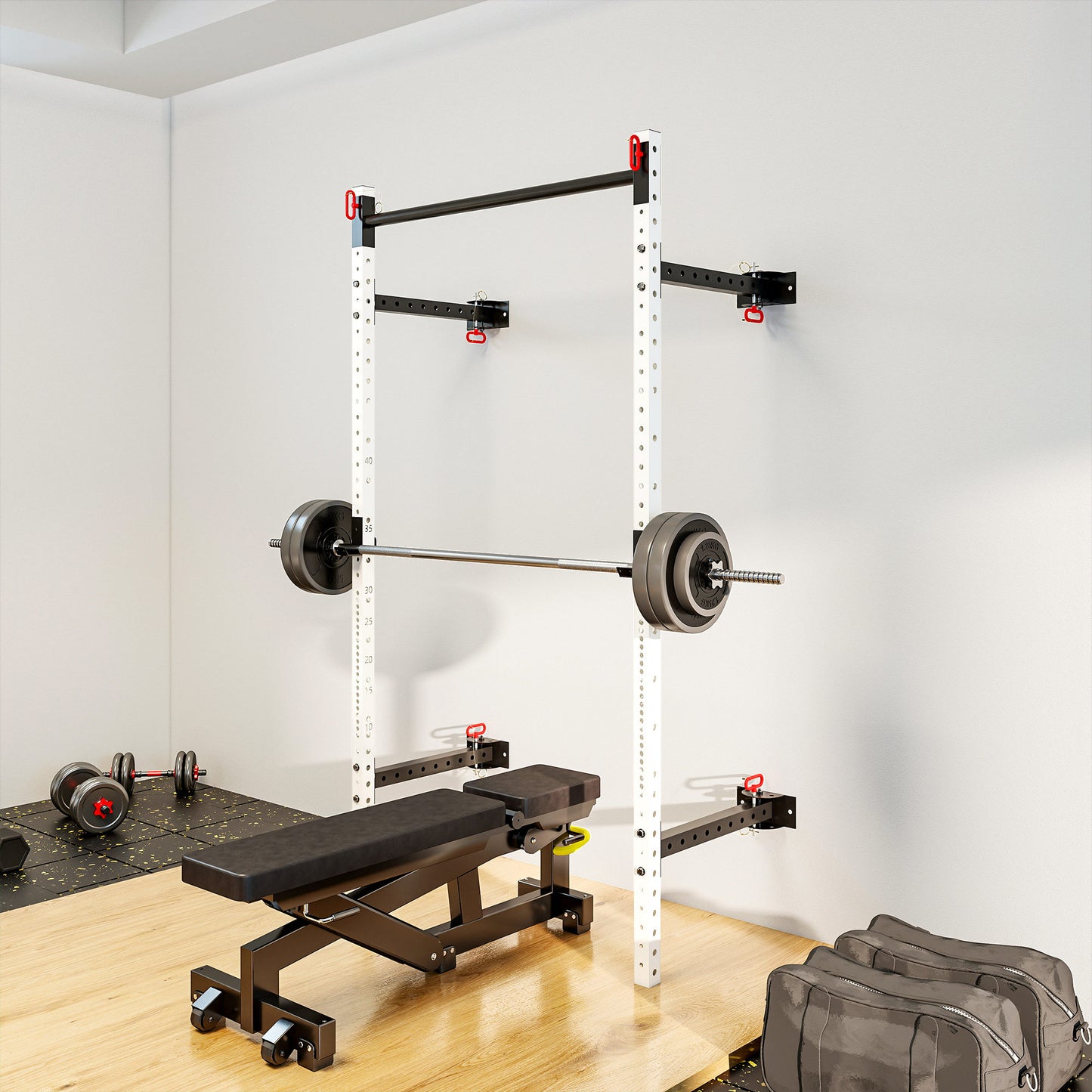 Folding Squat Rack with Pull Up Bar - Adjustable Wall-Mounted Design, 1000 lbs Capacity, White