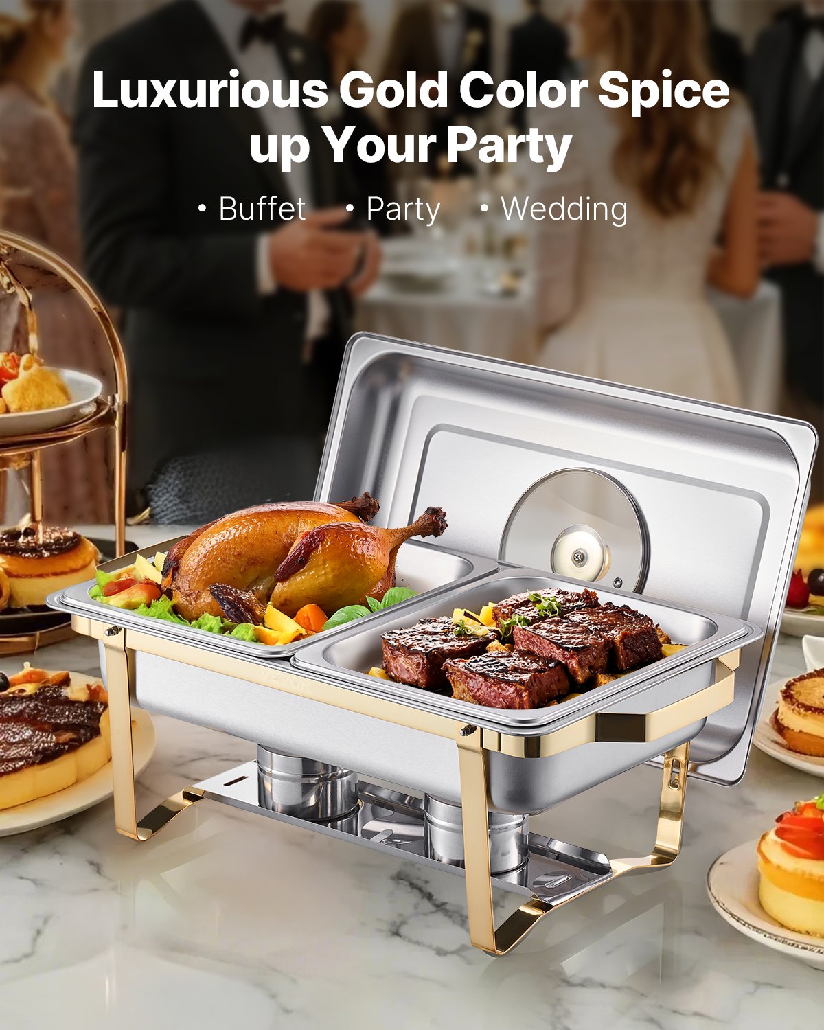 Stainless Steel Chafing Dish Set - 4 Qt Half Size, Gold Finish - 2 Pack