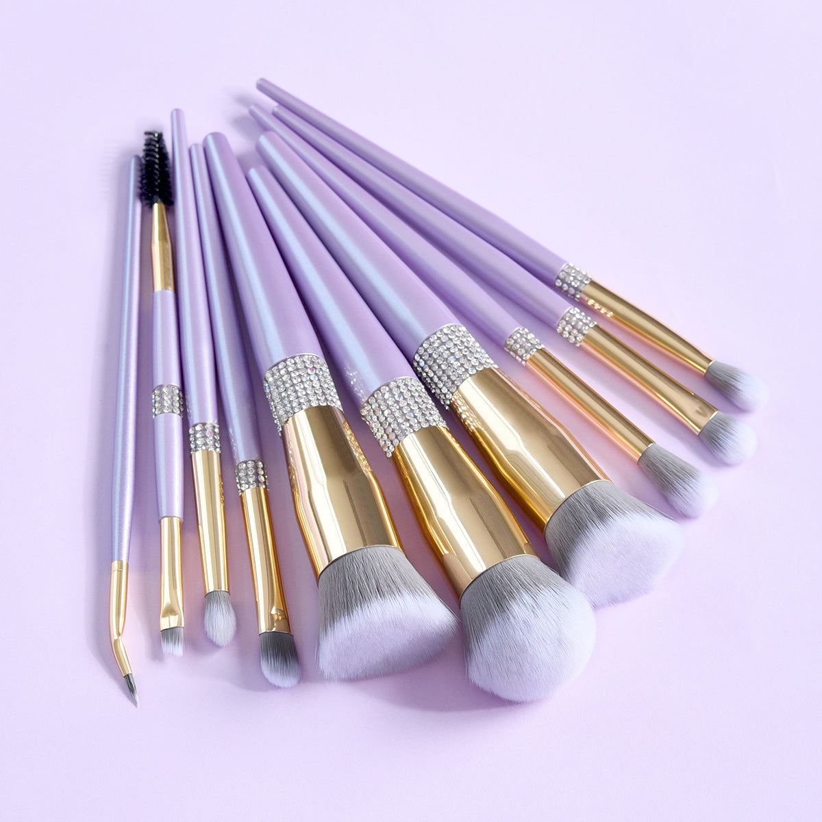 10-Piece Lilac Makeup Brush Set with Diamond Accents - Cosmetic Tools