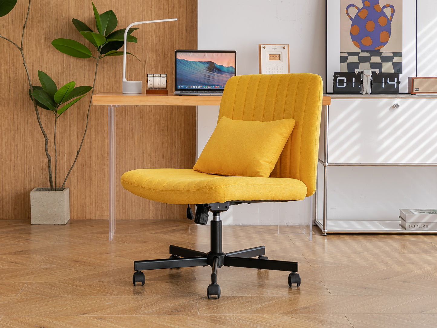 Yellow Linen Criss Cross Office Chair with Wheels - Ergonomic Design