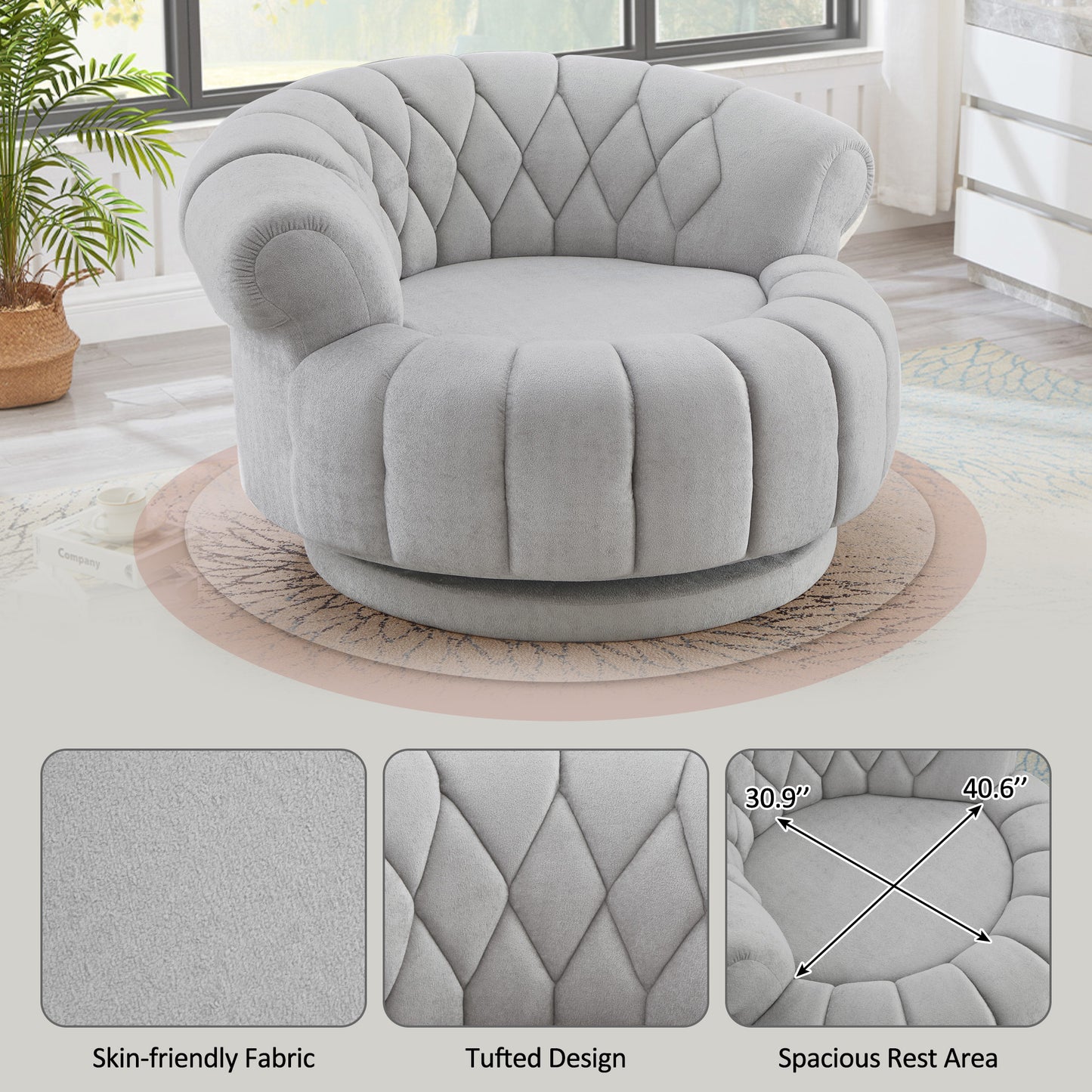 Grey 360° Swivel Accent Chair - Chenille Barrel Club Chair