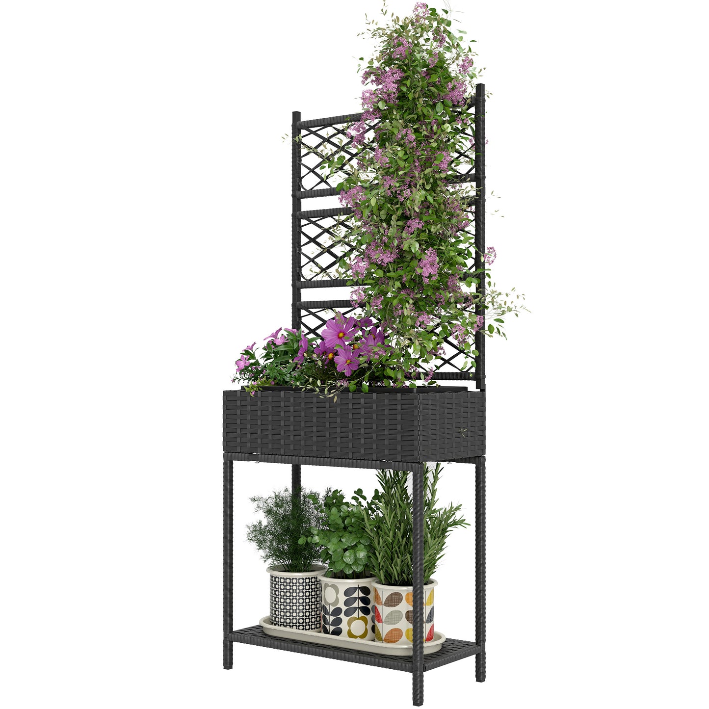 Outdoor Wicker Planter with Trellis and Storage Shelf - Black Garden Box